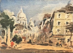 French Impressionist Watercolor of Sacré-Cœur and Montmartre Street Scene