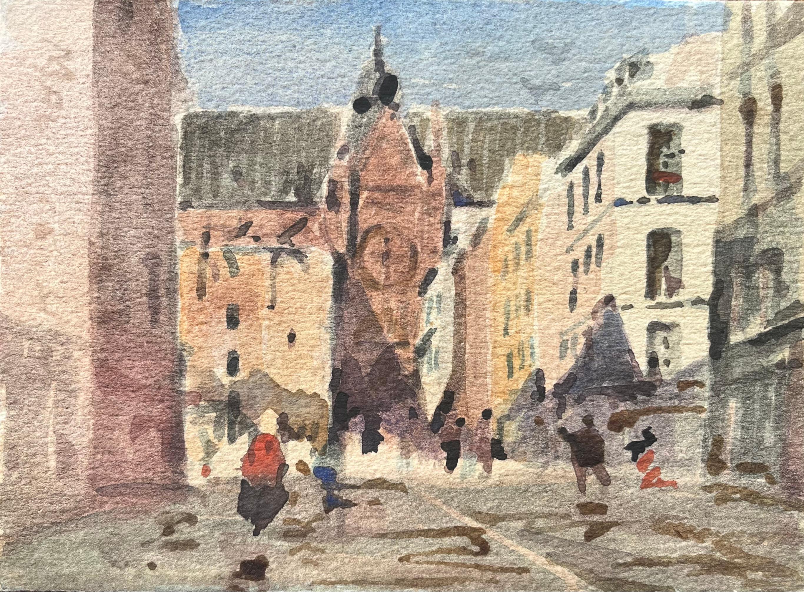 Maurice Mazeilie Landscape Art - French Impressionist Watercolor of a European Street Scene with Gothic Church