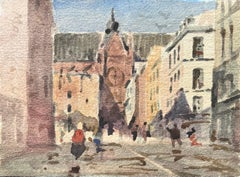 French Impressionist Watercolor of a European Street Scene with Gothic Church