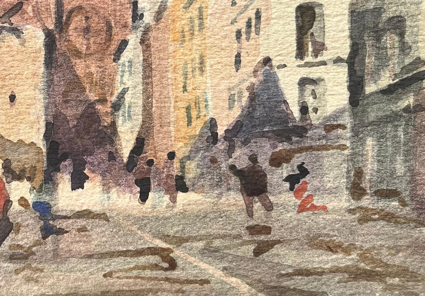 French Impressionist Watercolor of a European Street Scene with Gothic Church - Brown Landscape Art by Maurice Mazeilie