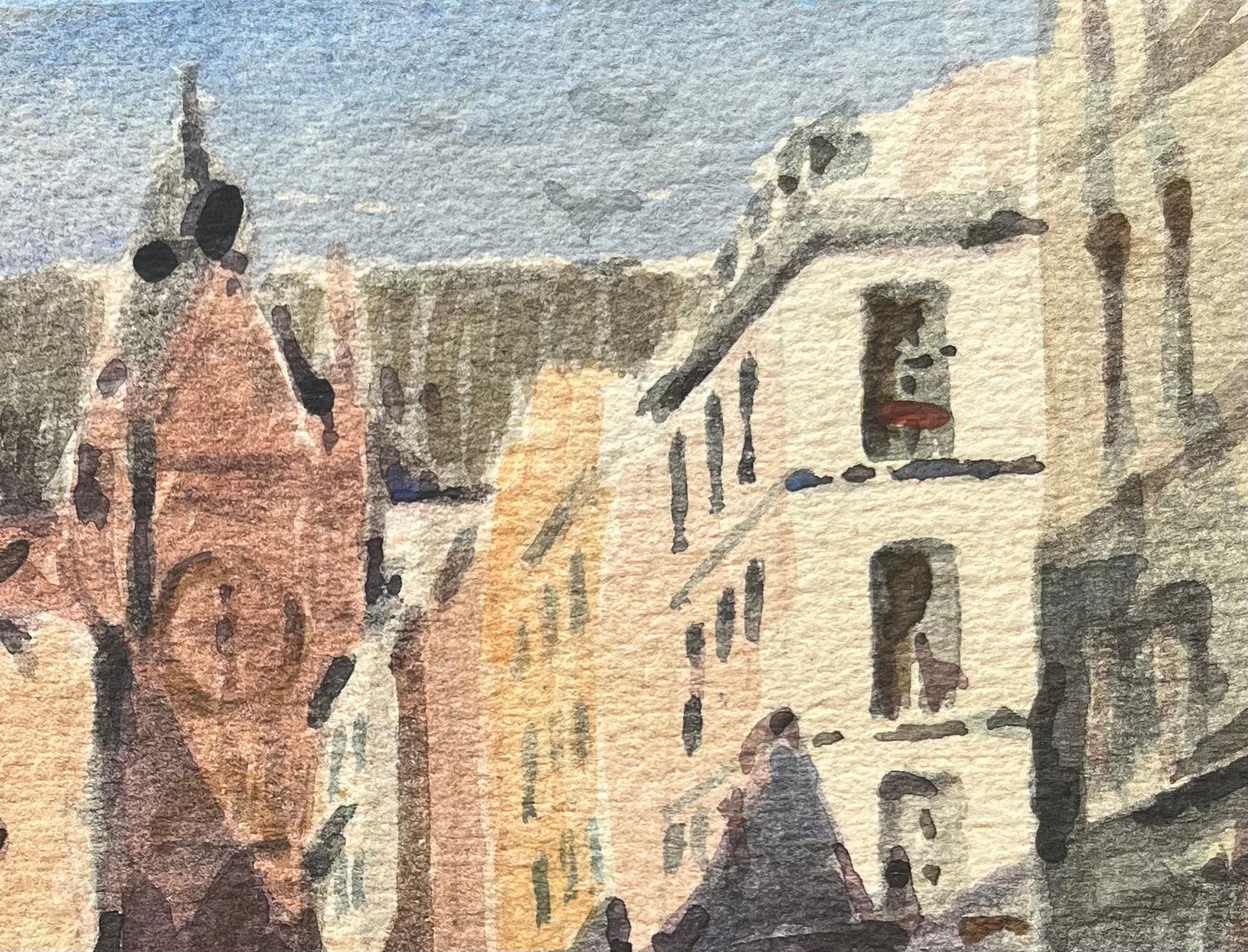 Title: French Impressionist Watercolor of a European Street Scene with Gothic Church
By Maurice Mazeilie (French 1924-2021)
Medium: Watercolor on paper, unframed
Size: 5.5 x 7.5 inches (Height x Width)
Stamped: Verso
Condition: Good, with signs of