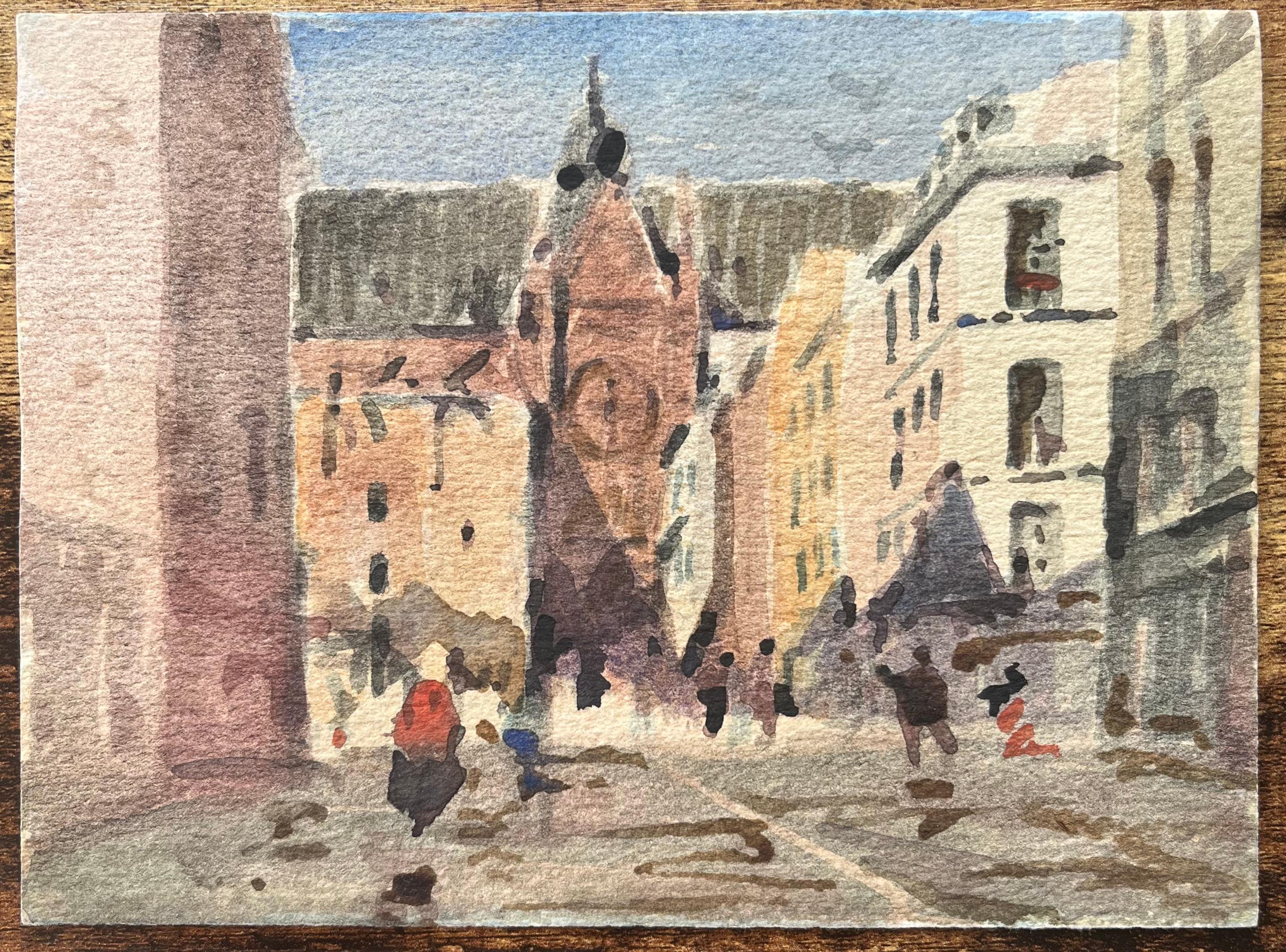 French Impressionist Watercolor of a European Street Scene with Gothic Church - Art by Maurice Mazeilie