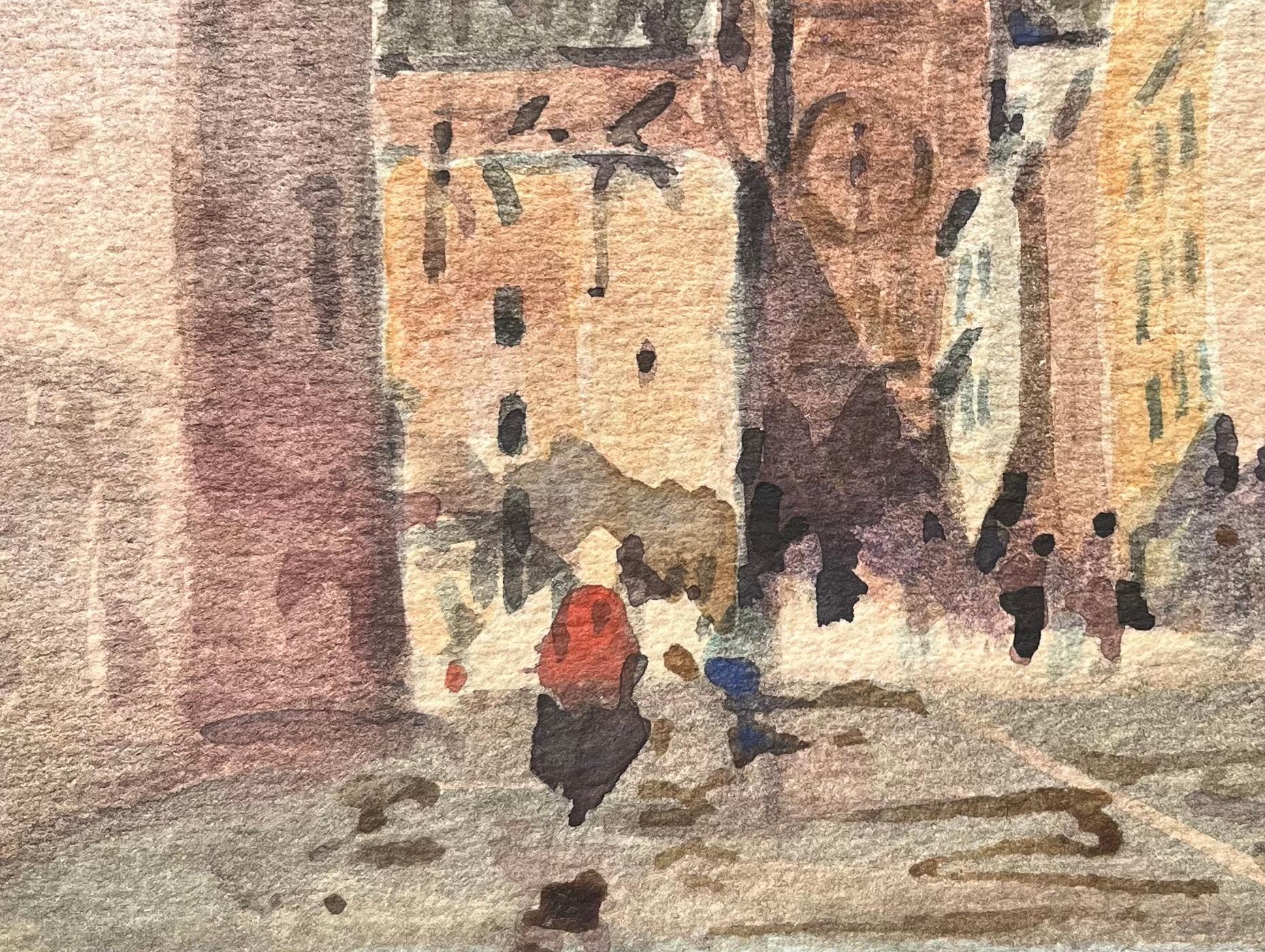 French Impressionist Watercolor of a European Street Scene with Gothic Church For Sale 1