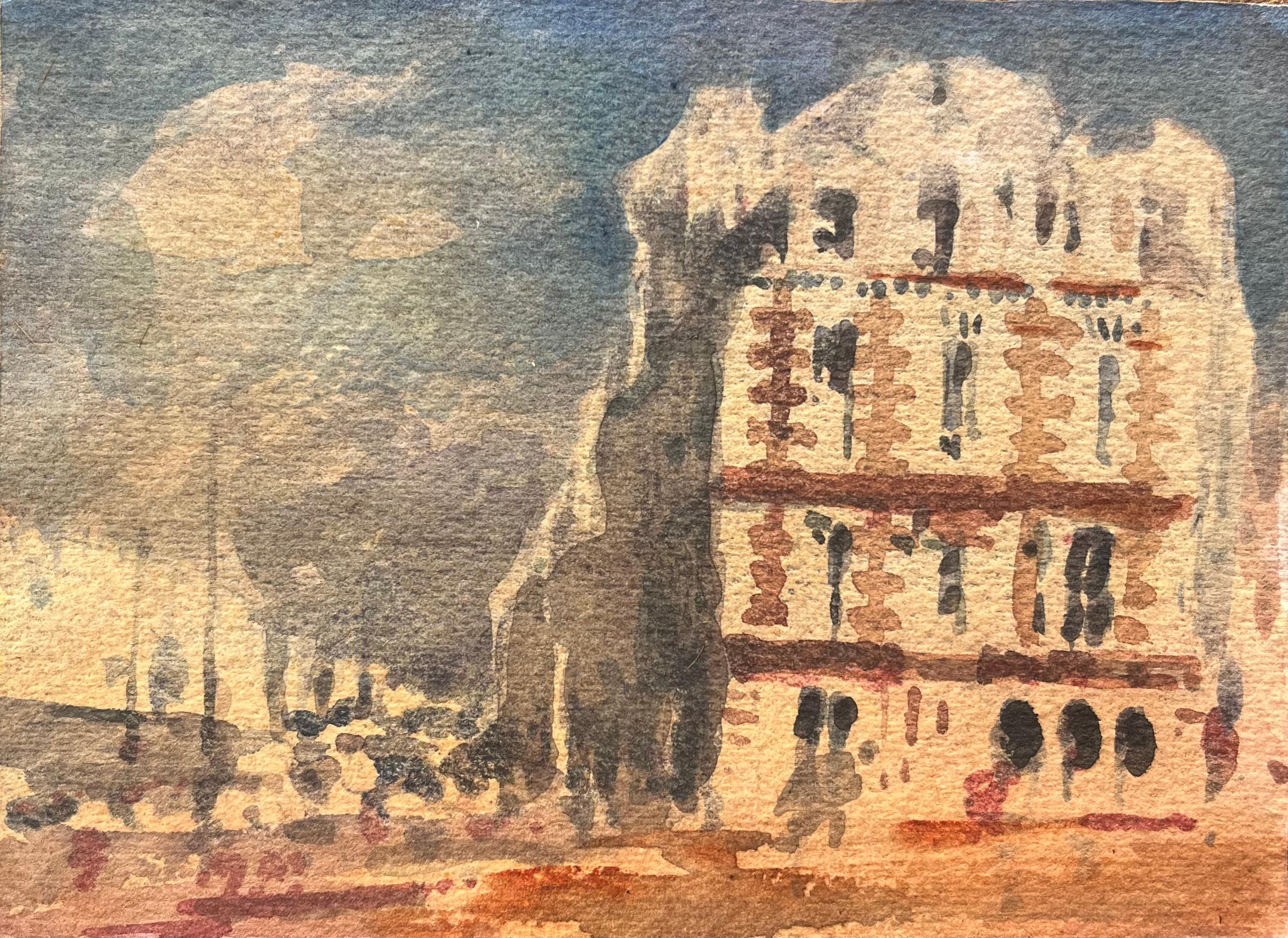 French Impressionist Watercolor of a Sunlit Building in a European Town - Art by Maurice Mazeilie