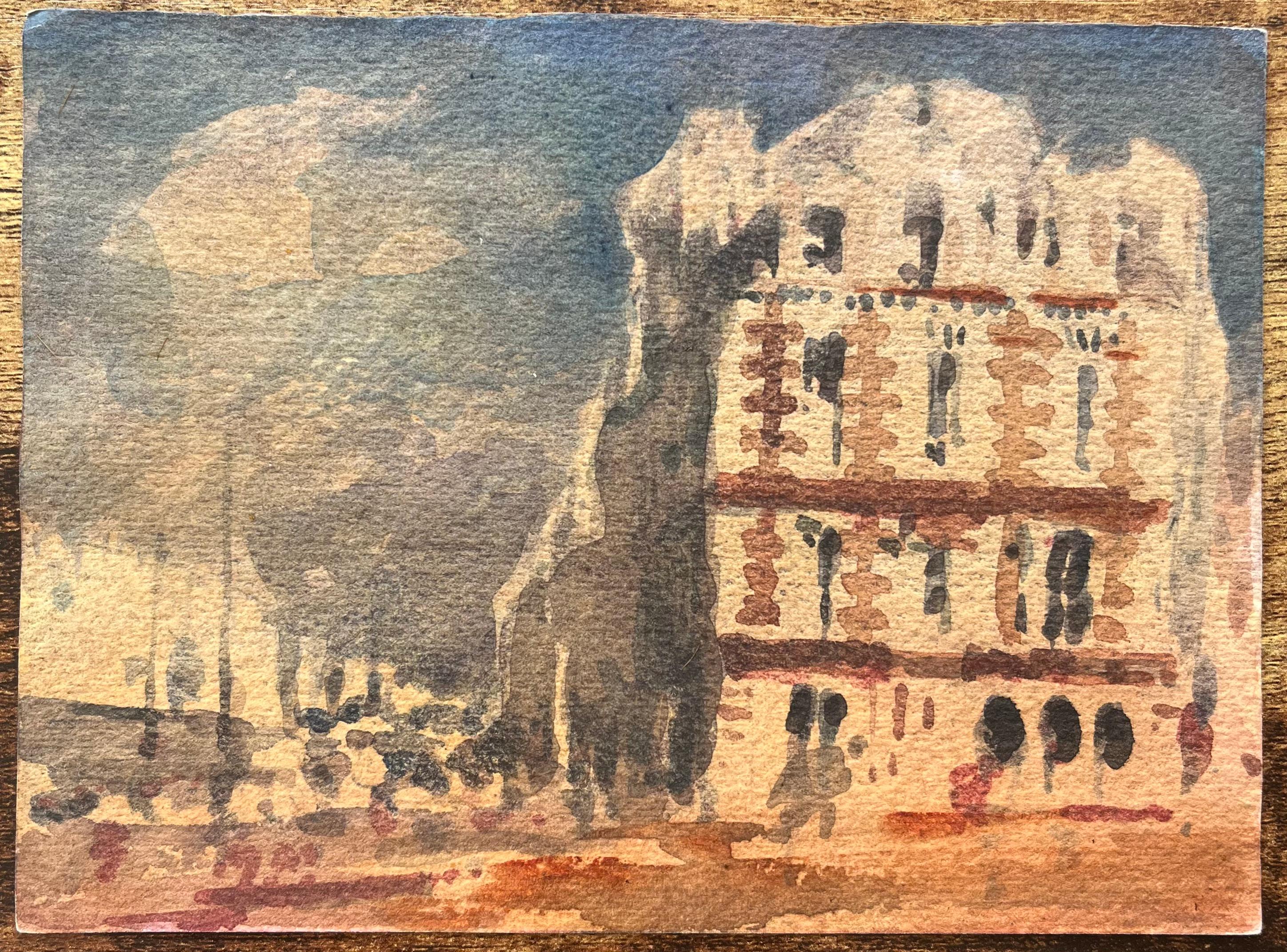 Title: French Impressionist Watercolor of a Sunlit Building in a European Town
By Maurice Mazeilie (French 1924-2021)
Medium: Watercolor on paper, unframed
Size: 5.5 x 7.5 inches (Height x Width)
Stamped: Verso
Condition: Good, with signs of