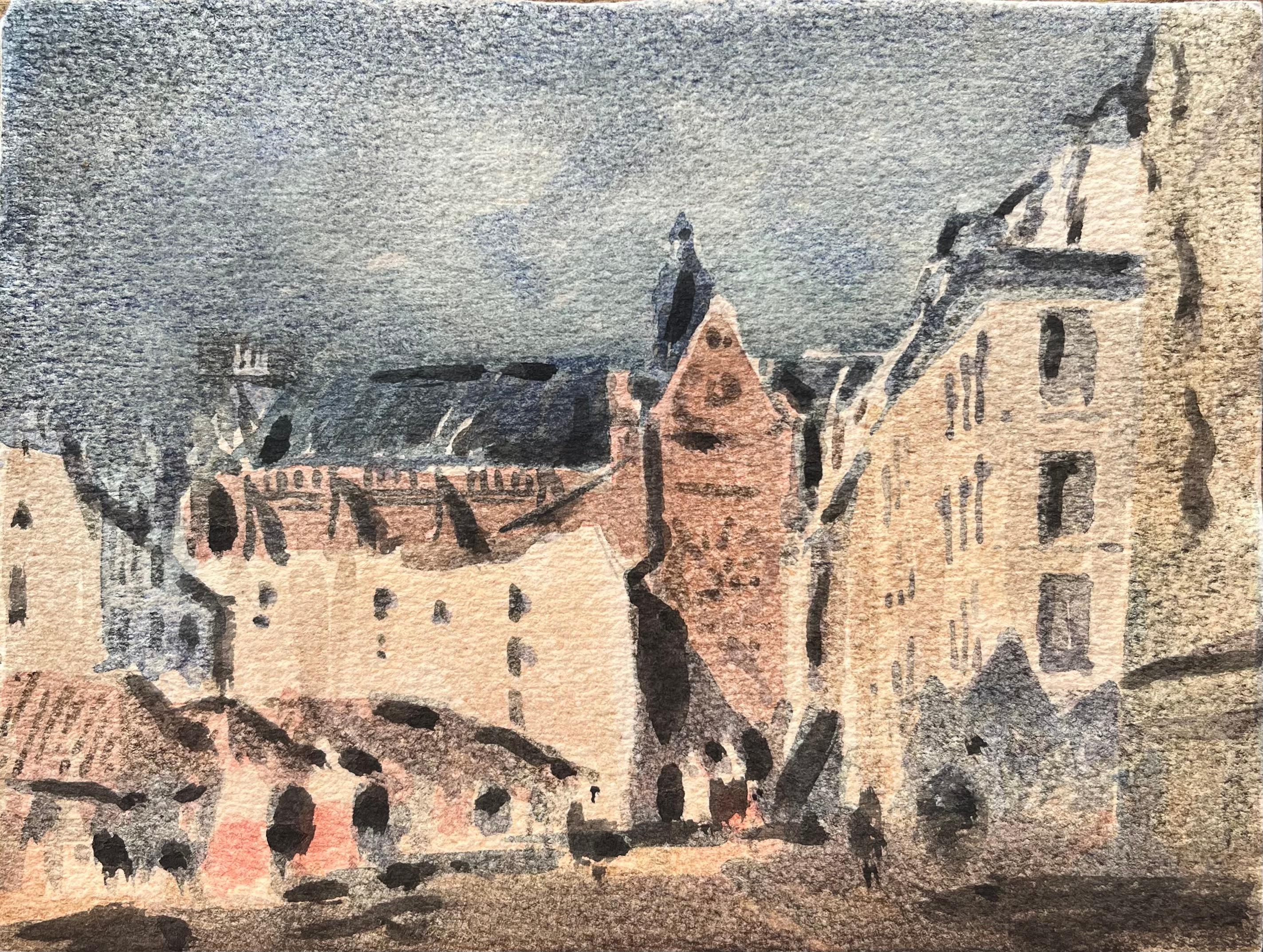 Aquarelle impressionniste française représentant une église gothique et une place de ville