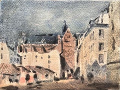 French Impressionist Watercolor of a Gothic Church and Town Square