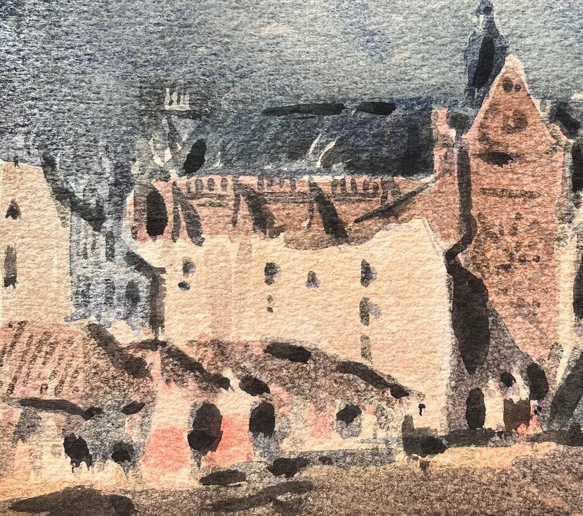 Acquerello impressionista francese di una chiesa gotica e di una piazza della città - Art Impressionismo di Maurice Mazeilie