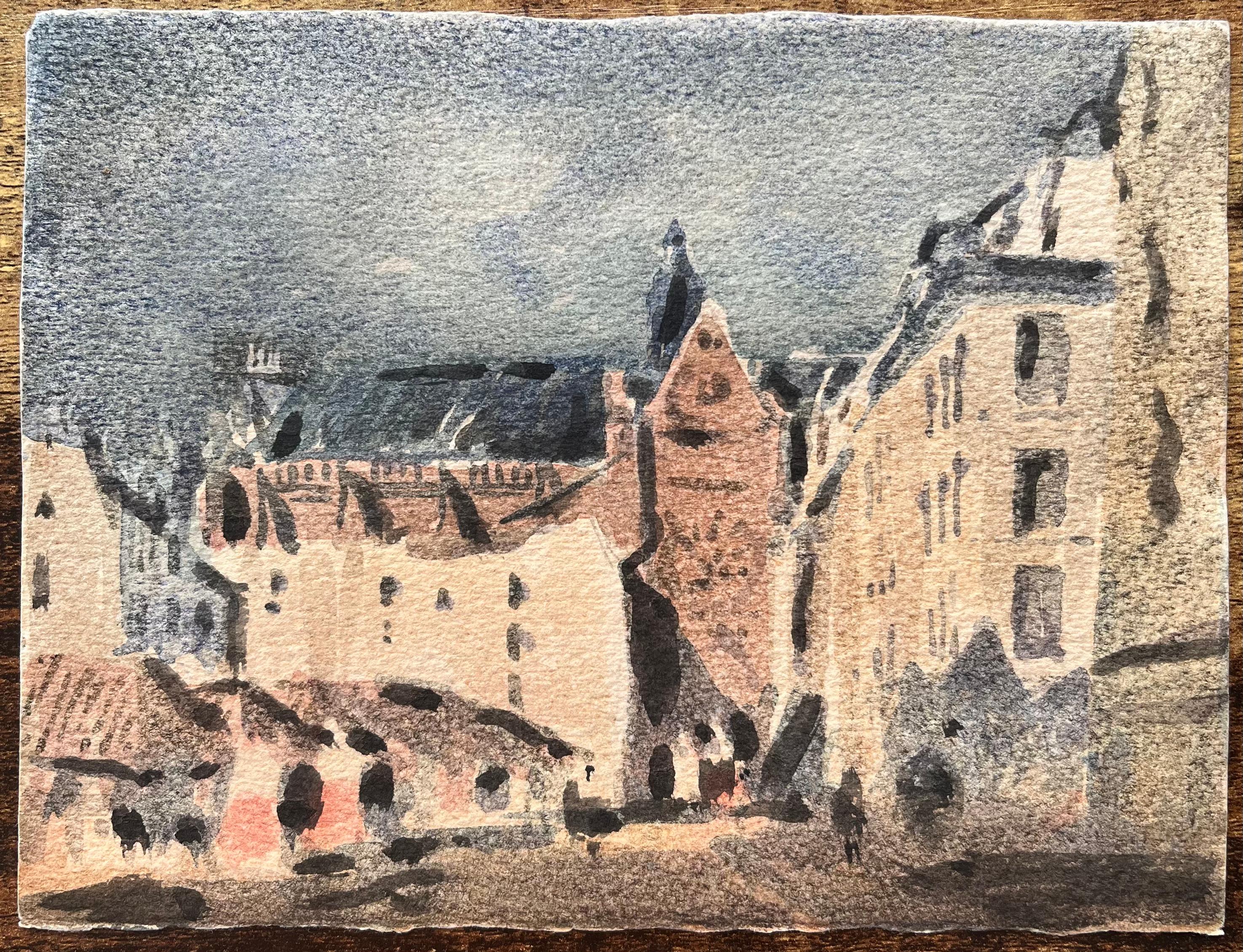 Titolo: Acquerello impressionista francese di una chiesa gotica e di una piazza cittadina
Di Maurice Mazeilie (francese 1924-2021)
Medium: Acquerello su carta, senza cornice
Dimensioni: 5,75 x 7,5 pollici (altezza x larghezza)
Timbrato:
