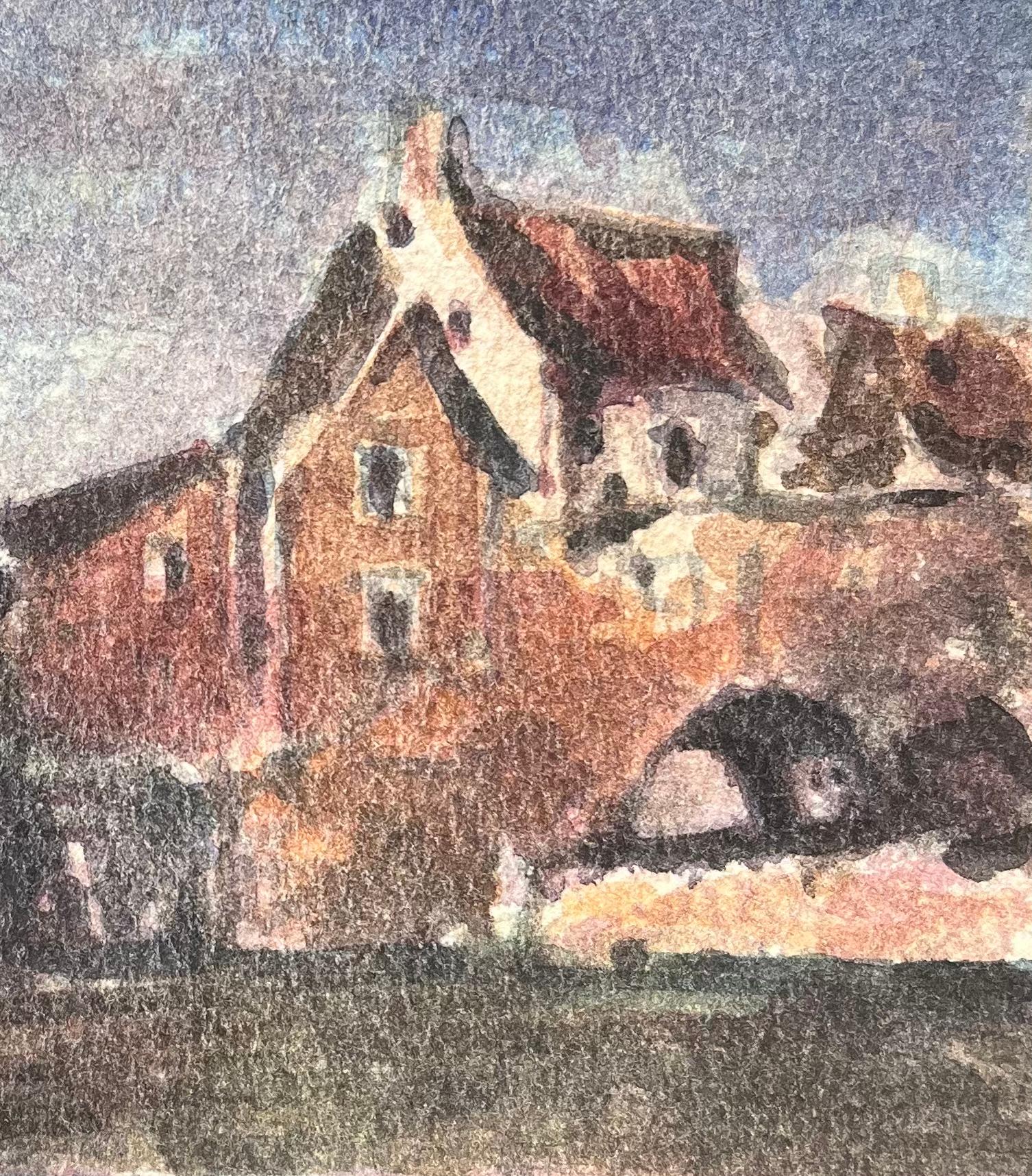 Titolo: Acquerello impressionista francese di un ponte di pietra e di edifici lungo il fiume
Di Maurice Mazeilie (francese 1924-2021)
Medium: Acquerello su carta, senza cornice
Dimensioni: 5 x 7 pollici (altezza x larghezza)
Timbrato: Verso
Condit: