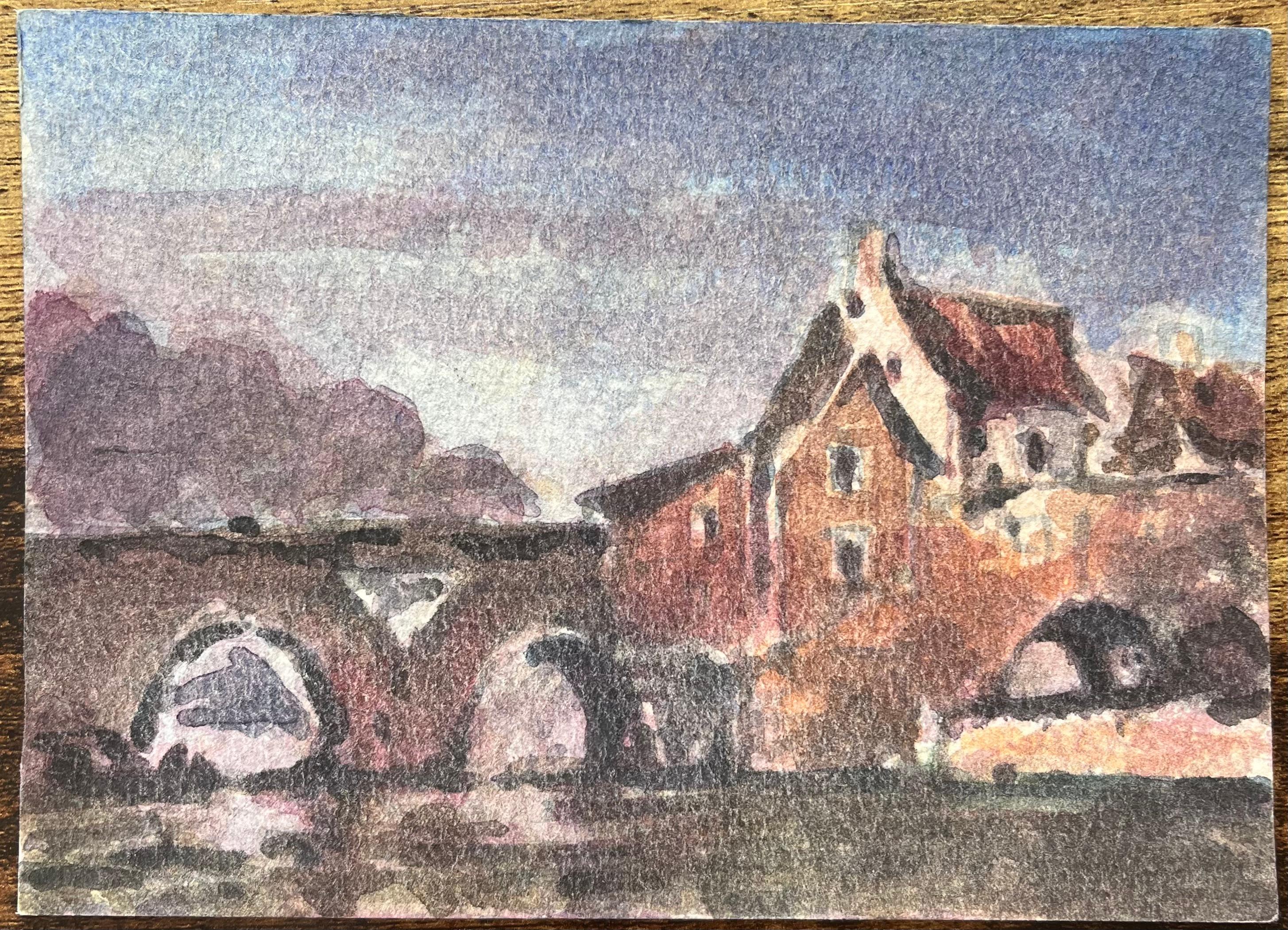 Acquerello impressionista francese di un ponte di pietra e di edifici lungo il fiume - Art Impressionismo di Maurice Mazeilie
