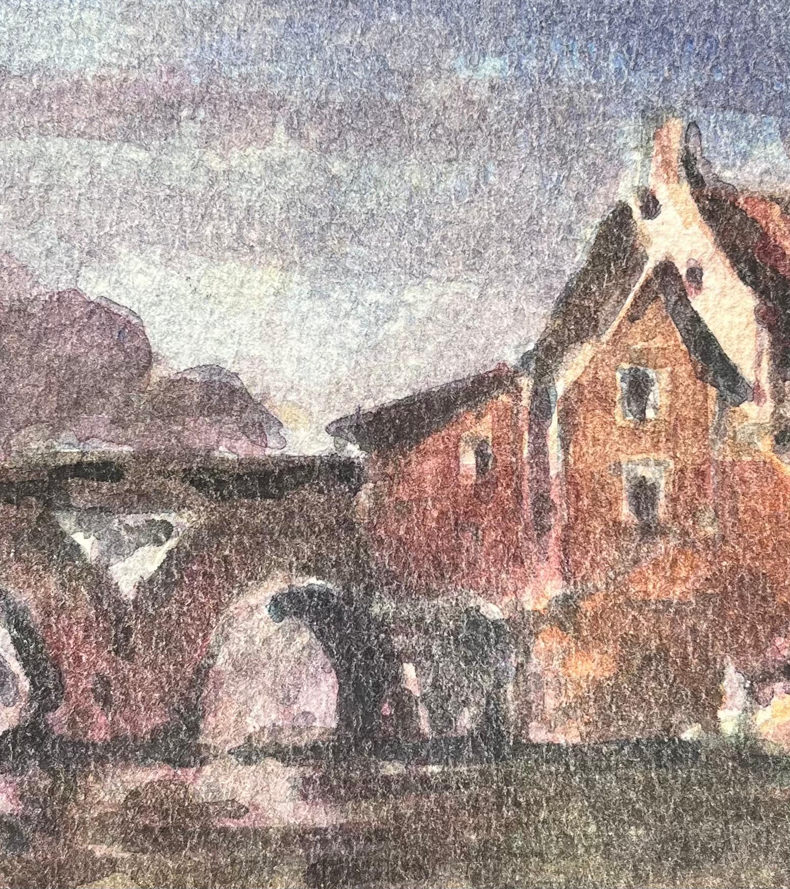 Acquerello impressionista francese di un ponte di pietra e di edifici lungo il fiume in vendita 2