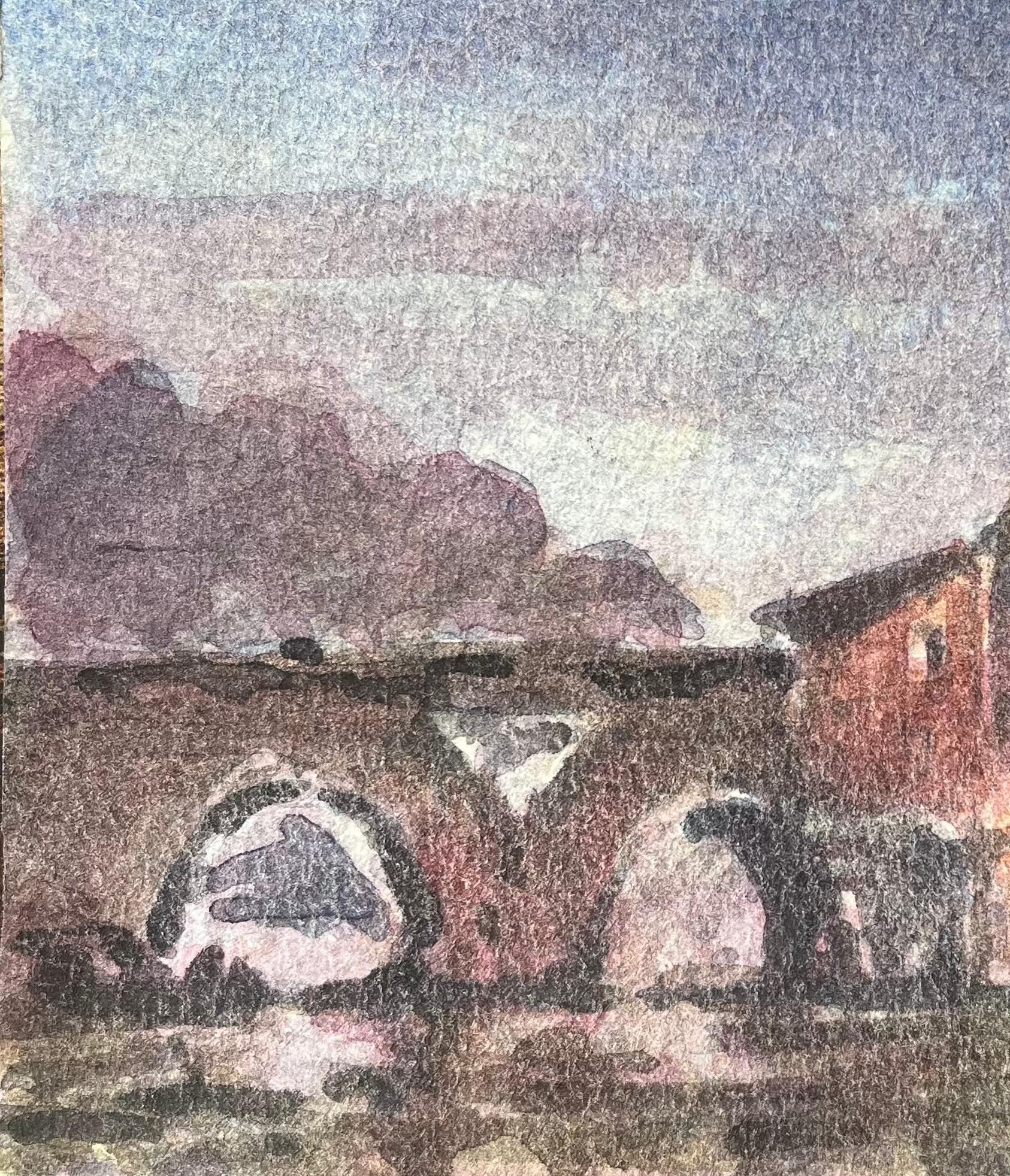 Acquerello impressionista francese di un ponte di pietra e di edifici lungo il fiume in vendita 1