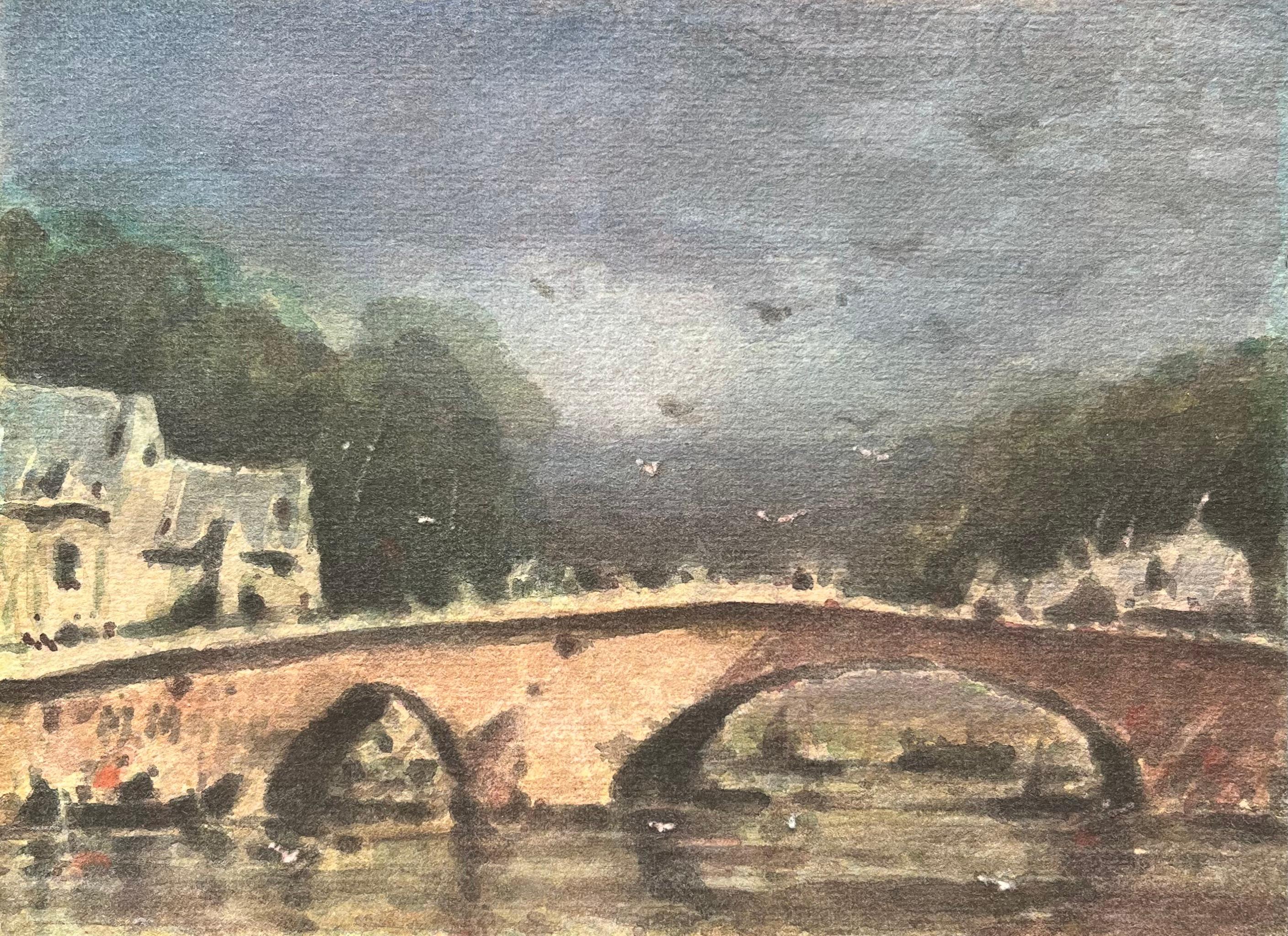 Landscape Art Maurice Mazeilie - Aquarelle impressionniste française d'un pont en pierre au-dessus d'une rivière à Dinan