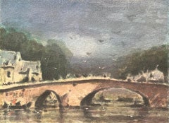 French Impressionist Watercolor of a Stone Bridge Over a River in Dinan