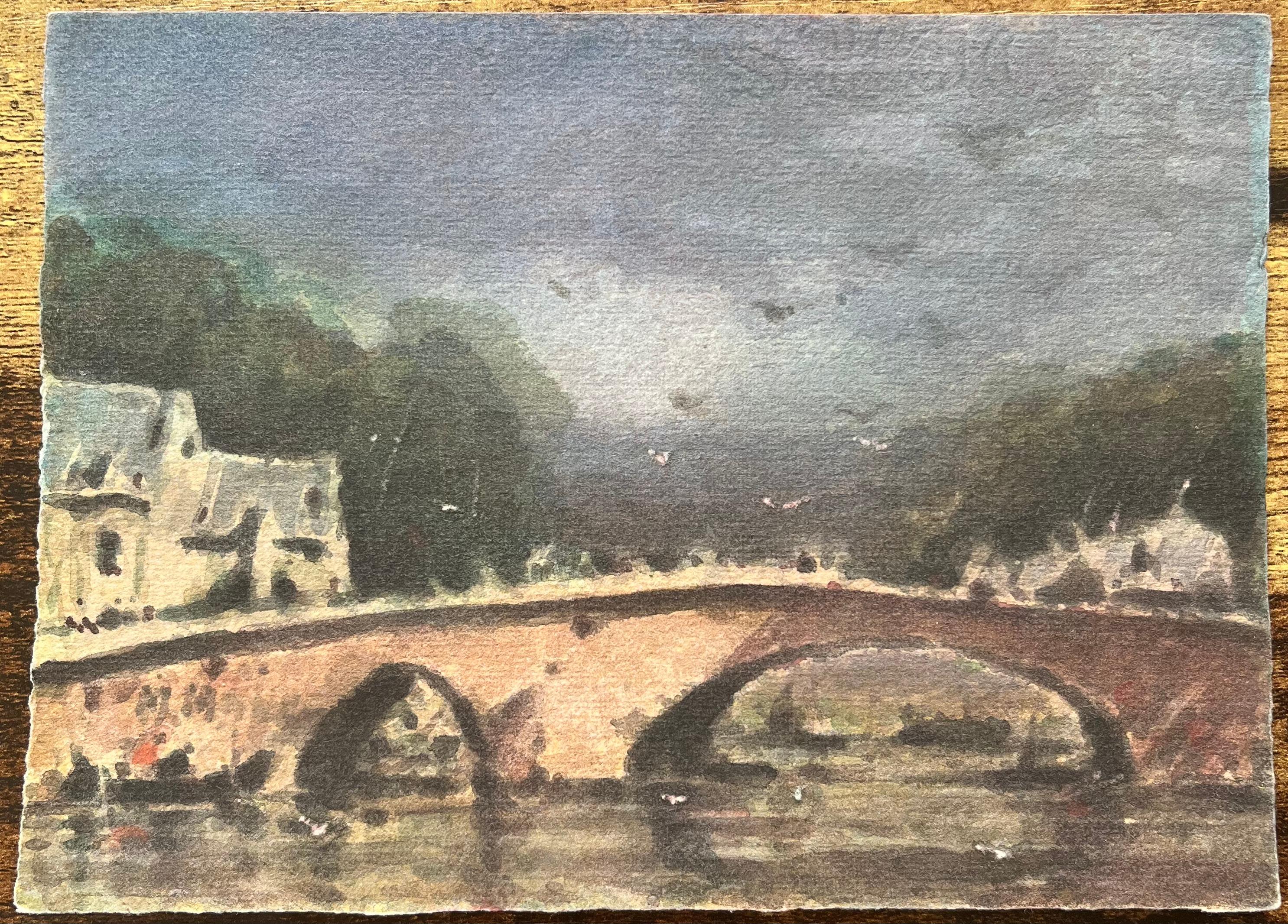 Aquarelle impressionniste française d'un pont en pierre au-dessus d'une rivière à Dinan - Art de Maurice Mazeilie