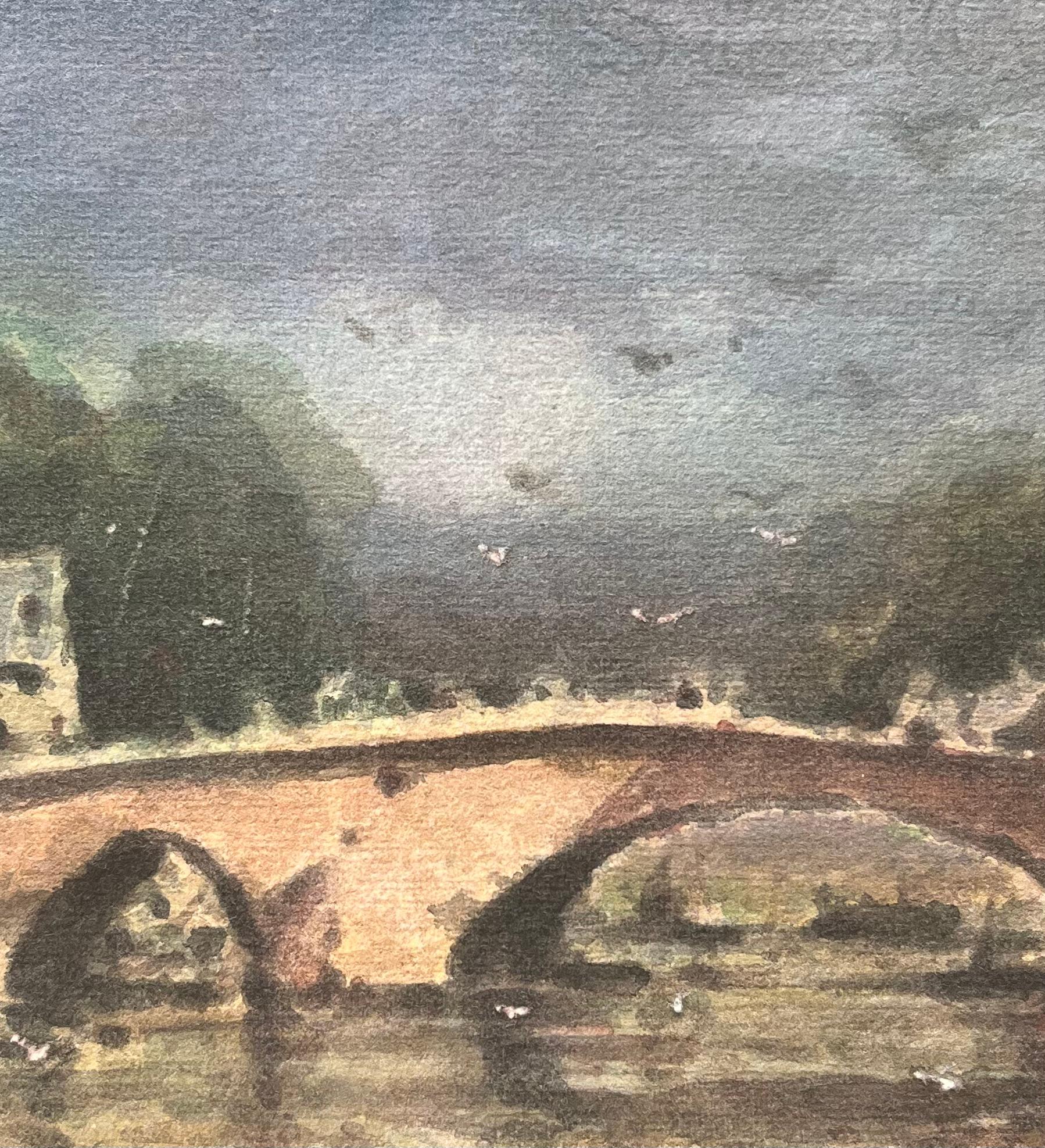 Titre : Aquarelle impressionniste française d'un pont en pierre au-dessus d'une rivière à Dinan
Par Maurice Mazeilie (français 1924-2021)
Moyen d'expression : Aquarelle sur papier, non encadrée
Taille : 5.5 x 7.75 pouces (hauteur x largeur)
Signé :