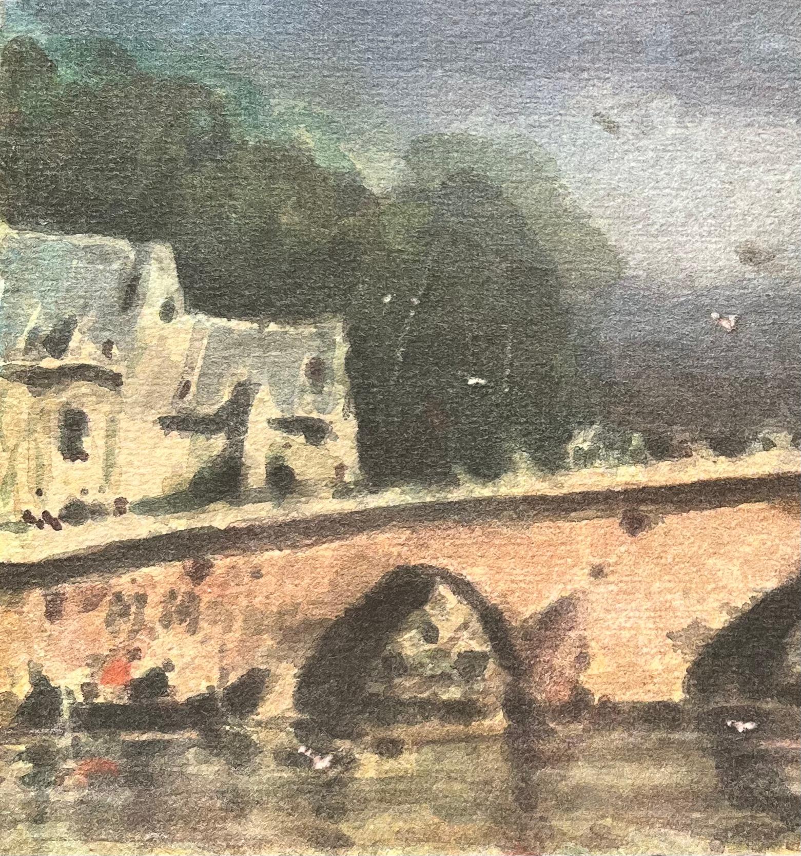 Aquarelle impressionniste française d'un pont en pierre au-dessus d'une rivière à Dinan - Impressionnisme Art par Maurice Mazeilie
