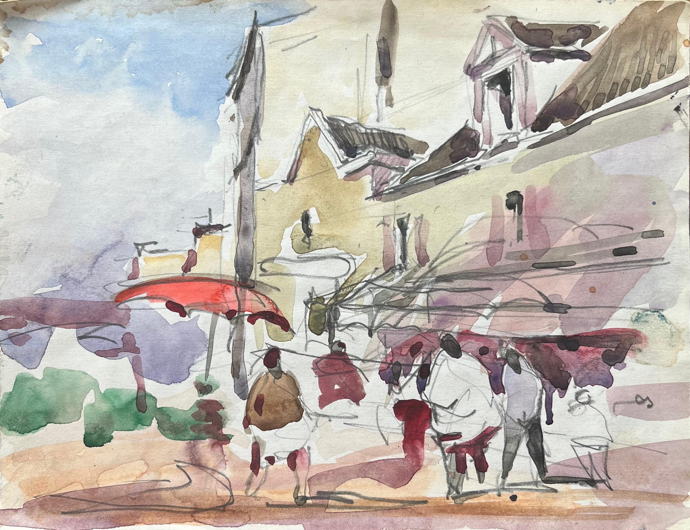 French Impressionist Watercolor of a Bustling Street Market Scene with Figures - Art by Maurice Mazeilie