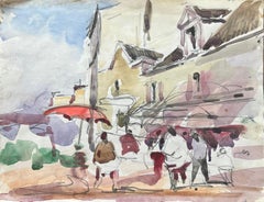 French Impressionist Watercolor of a Bustling Street Market Scene with Figures