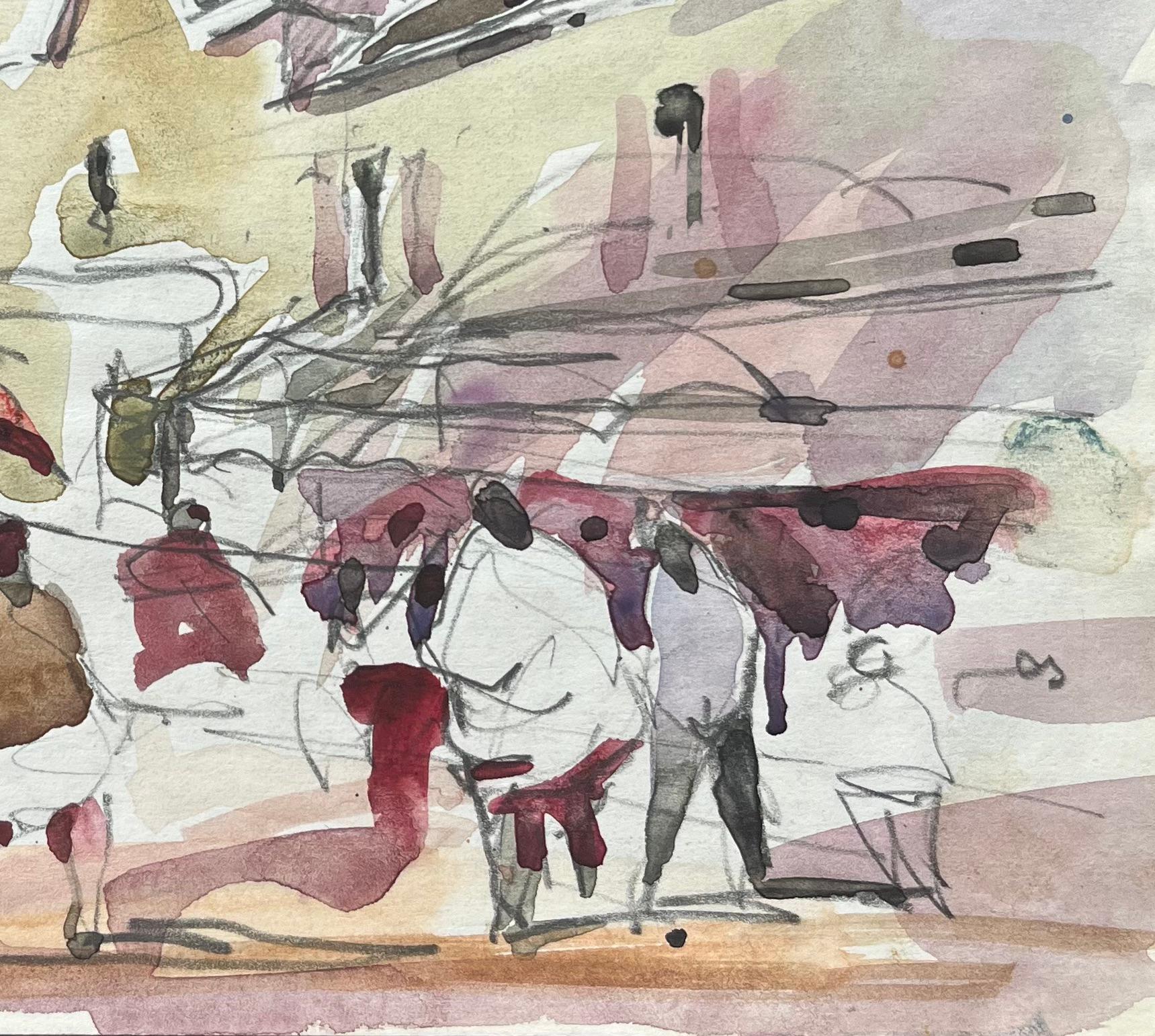 French Impressionist Watercolor of a Bustling Street Market Scene with Figures For Sale 2