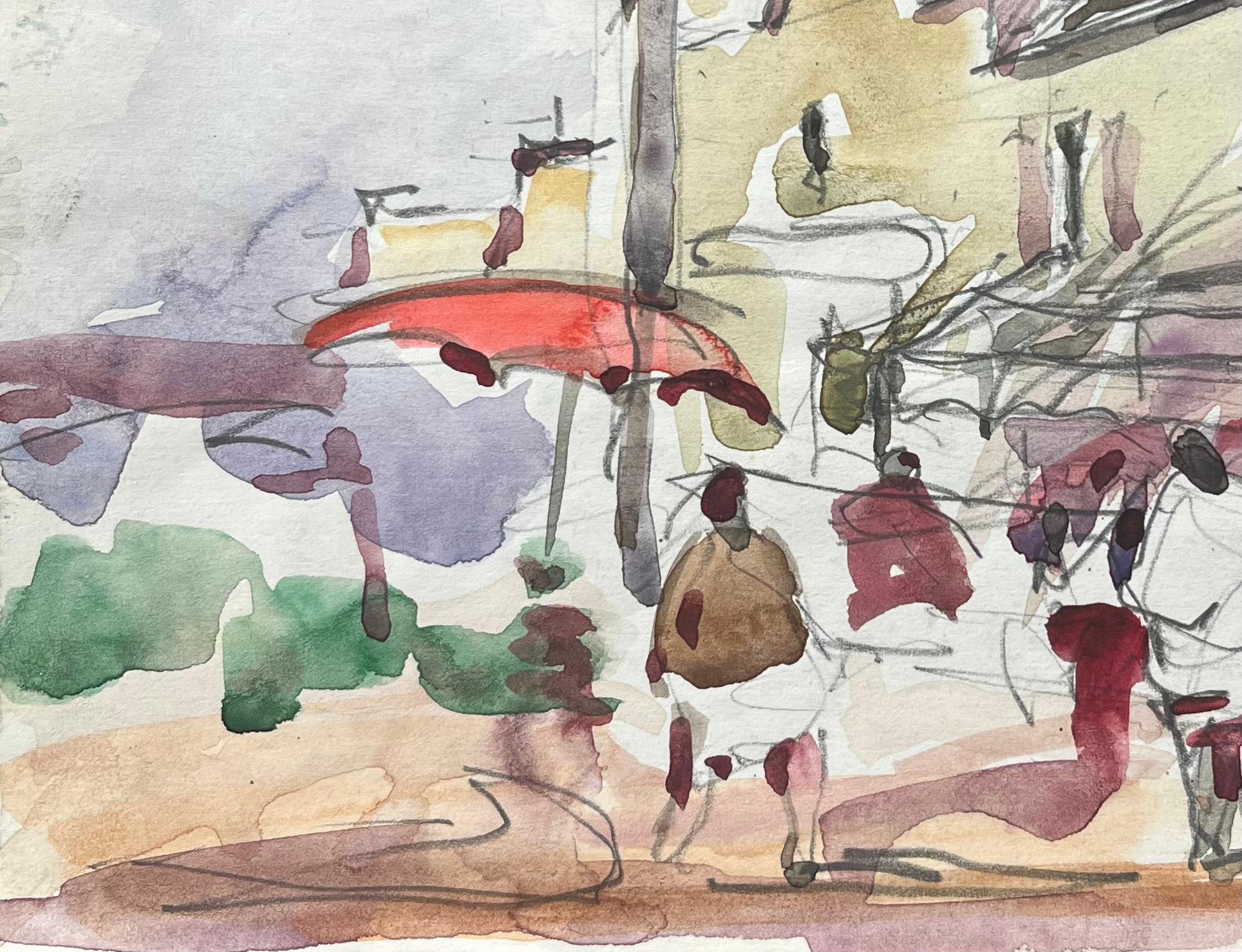 Title: French Impressionist Watercolor of a Bustling Street Market Scene with Figures
By Maurice Mazeilie (French 1924-2021)
Medium: Watercolor on paper, unframed
Size: 6.25 x 8 inches (Height x Width)
Stamped: Verso
Condition: Good, with signs of