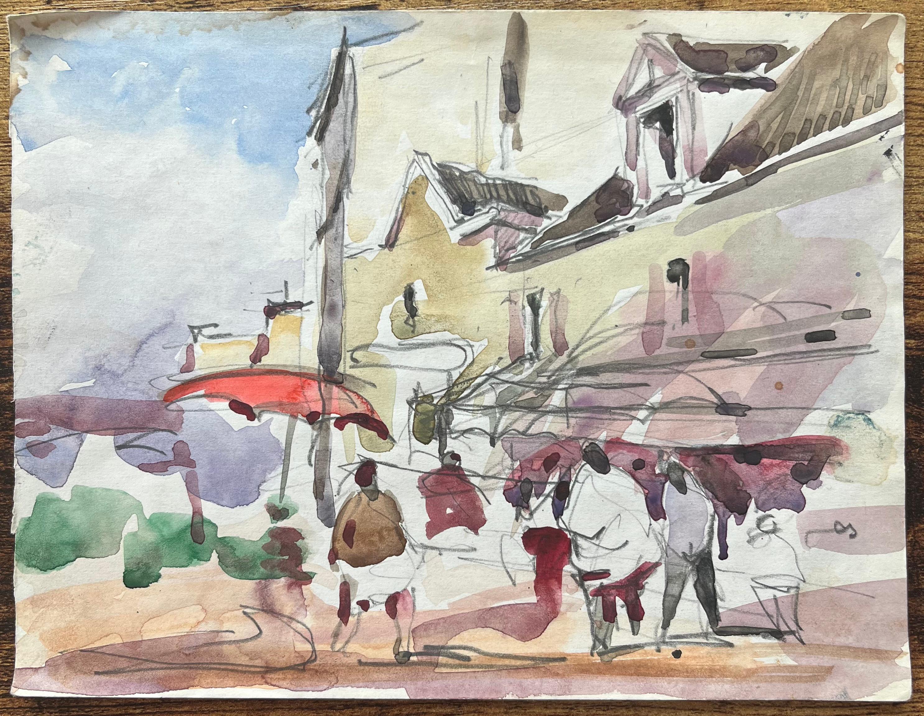 French Impressionist Watercolor of a Bustling Street Market Scene with Figures For Sale 3