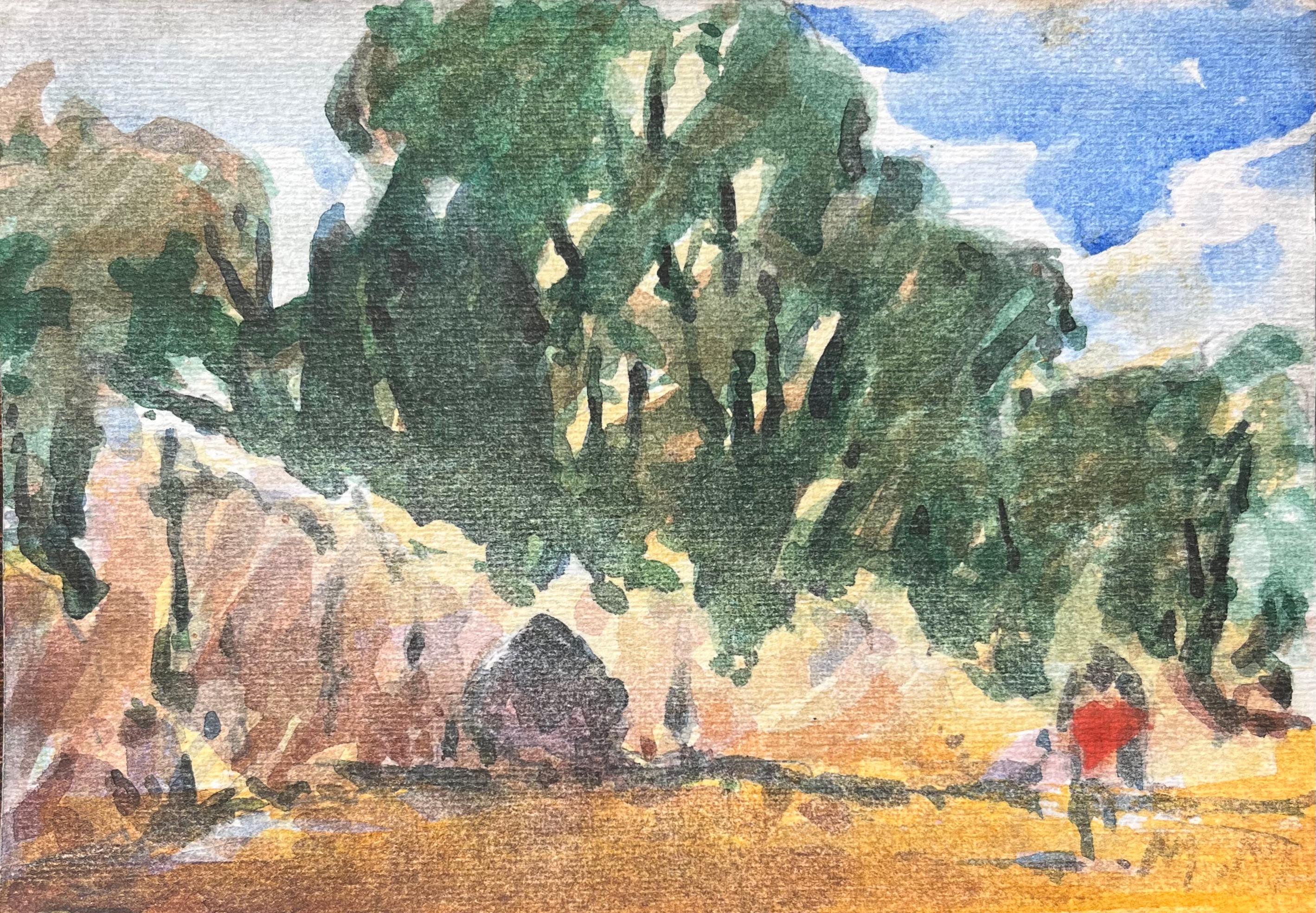 Französischer Impressionist Aquarell einer sonnenbeschienenen Waldszene mit Figuren