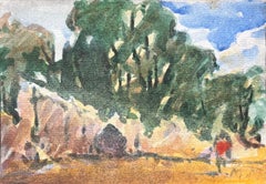 French Impressionist Watercolor of a Sunlit Forest Scene with Figures
