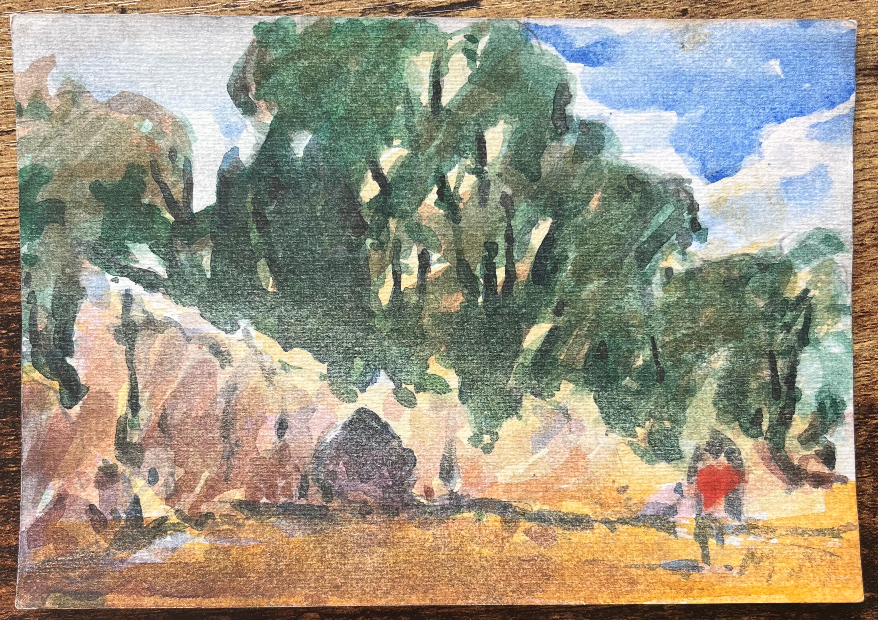 Acquerello impressionista francese raffigurante una scena di foresta illuminata dal sole con figure - Art Impressionismo di Maurice Mazeilie