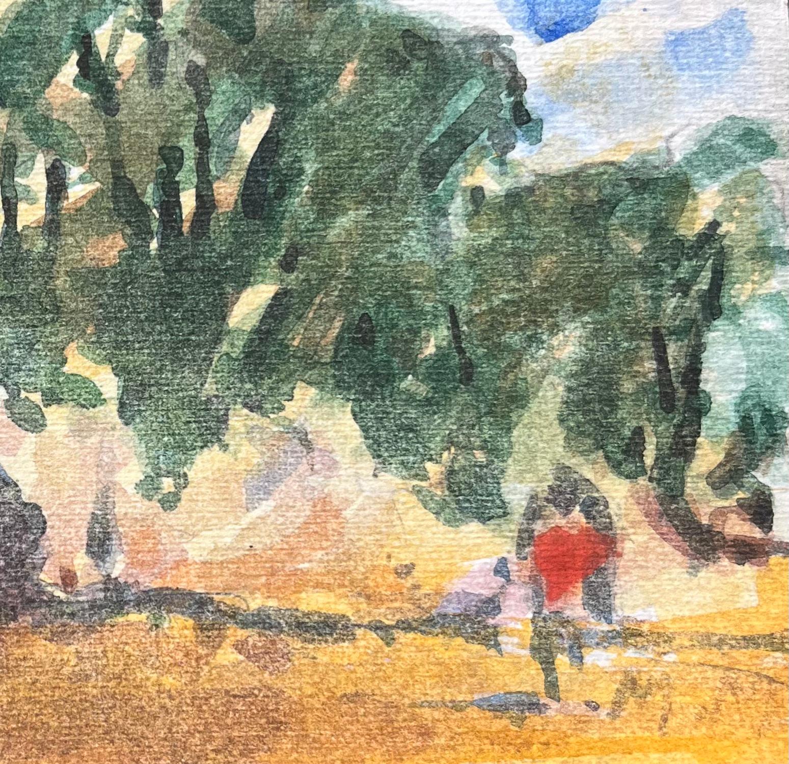 Titolo: Acquerello impressionista francese di una scena di foresta illuminata dal sole con figure
Di Maurice Mazeilie (francese 1924-2021)
Medium: Acquerello su carta, senza cornice
Dimensioni: 4,75 x 7 pollici (altezza x larghezza)
Firmato: In