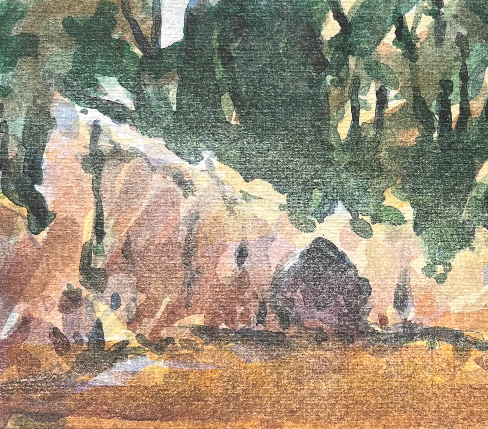 Acquerello impressionista francese raffigurante una scena di foresta illuminata dal sole con figure in vendita 2