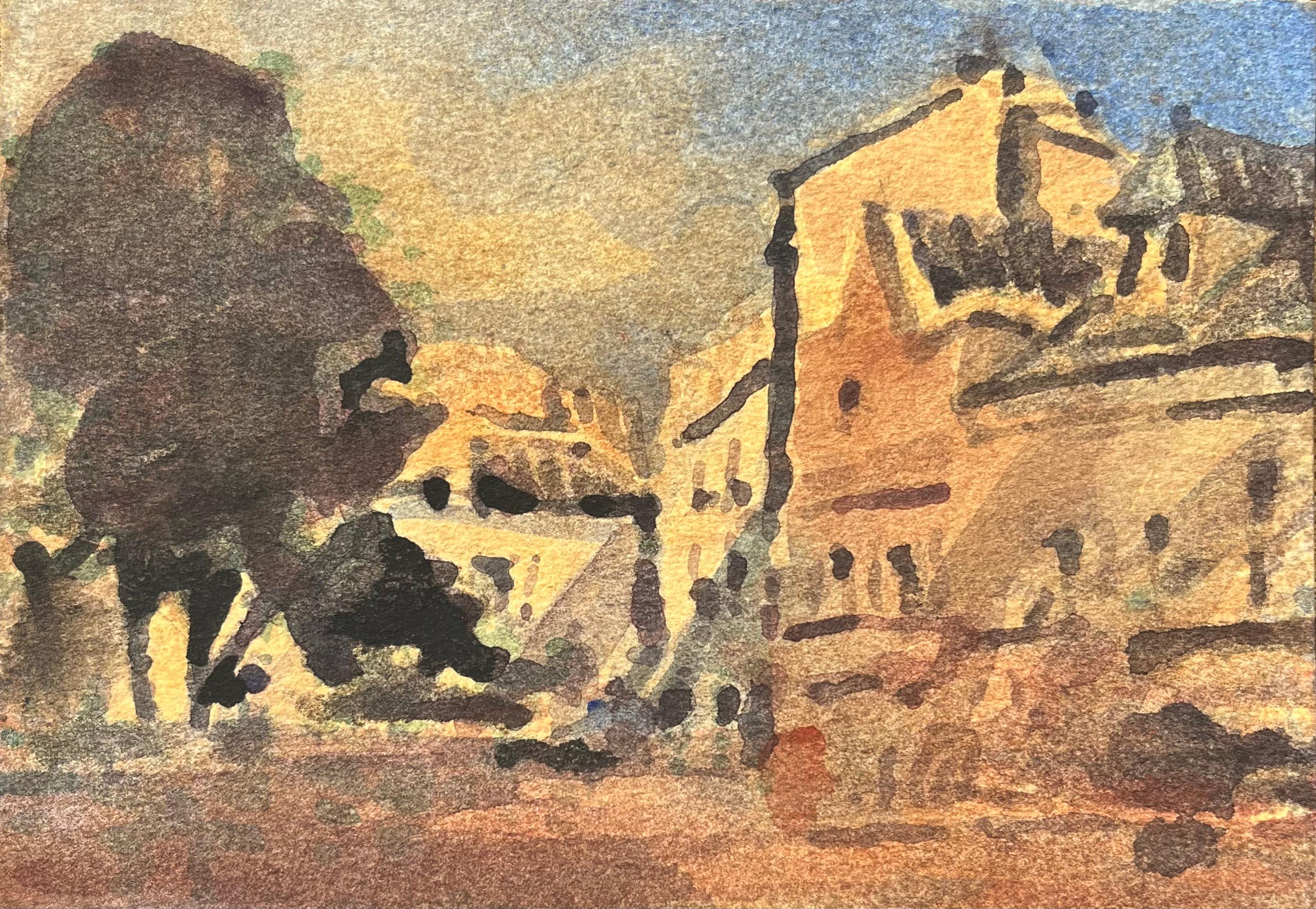 Maurice Mazeilie Landscape Art - French Impressionist Watercolor of a Sunlit European Townscape