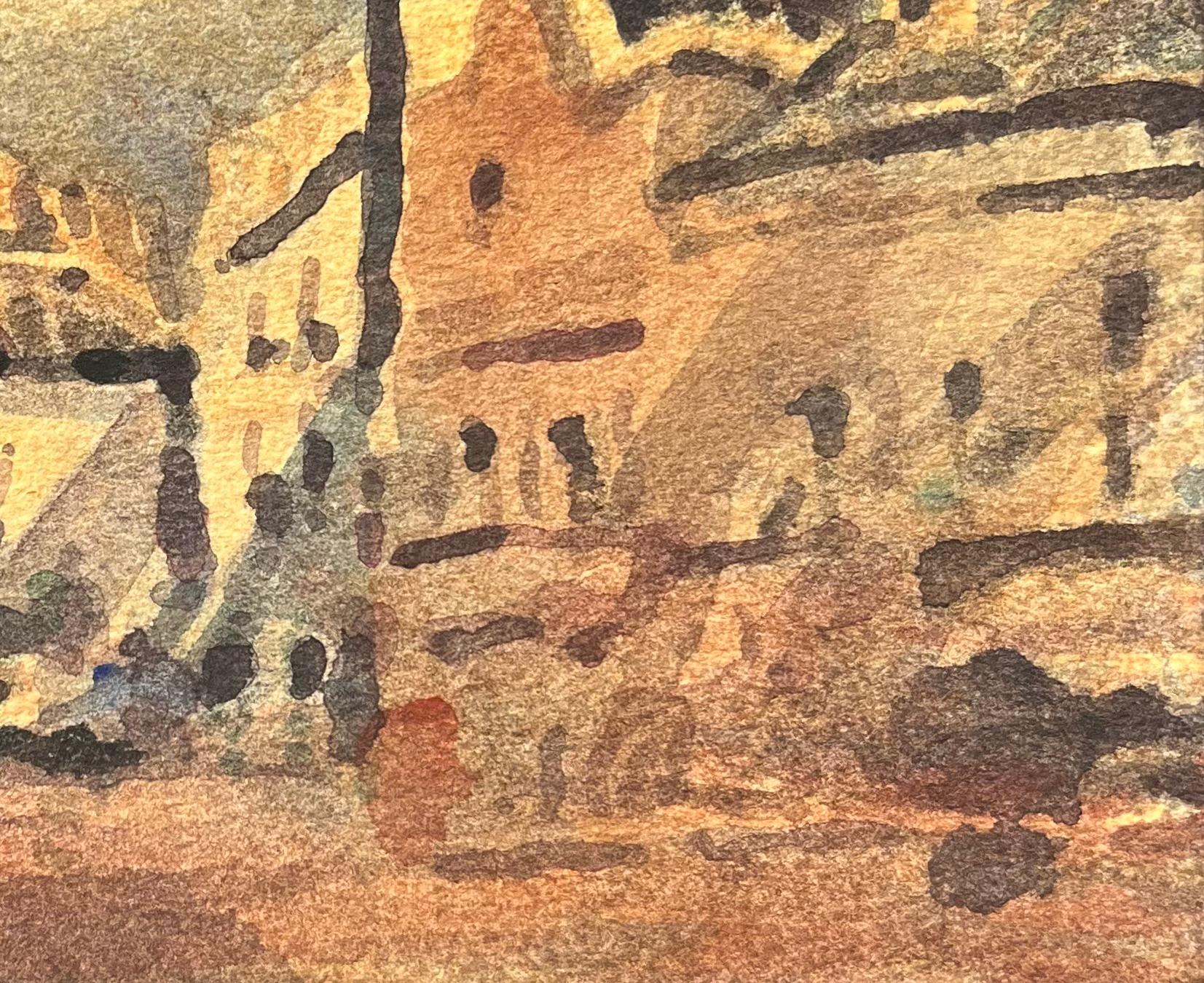 French Impressionist Watercolor of a Sunlit European Townscape - Brown Landscape Art by Maurice Mazeilie