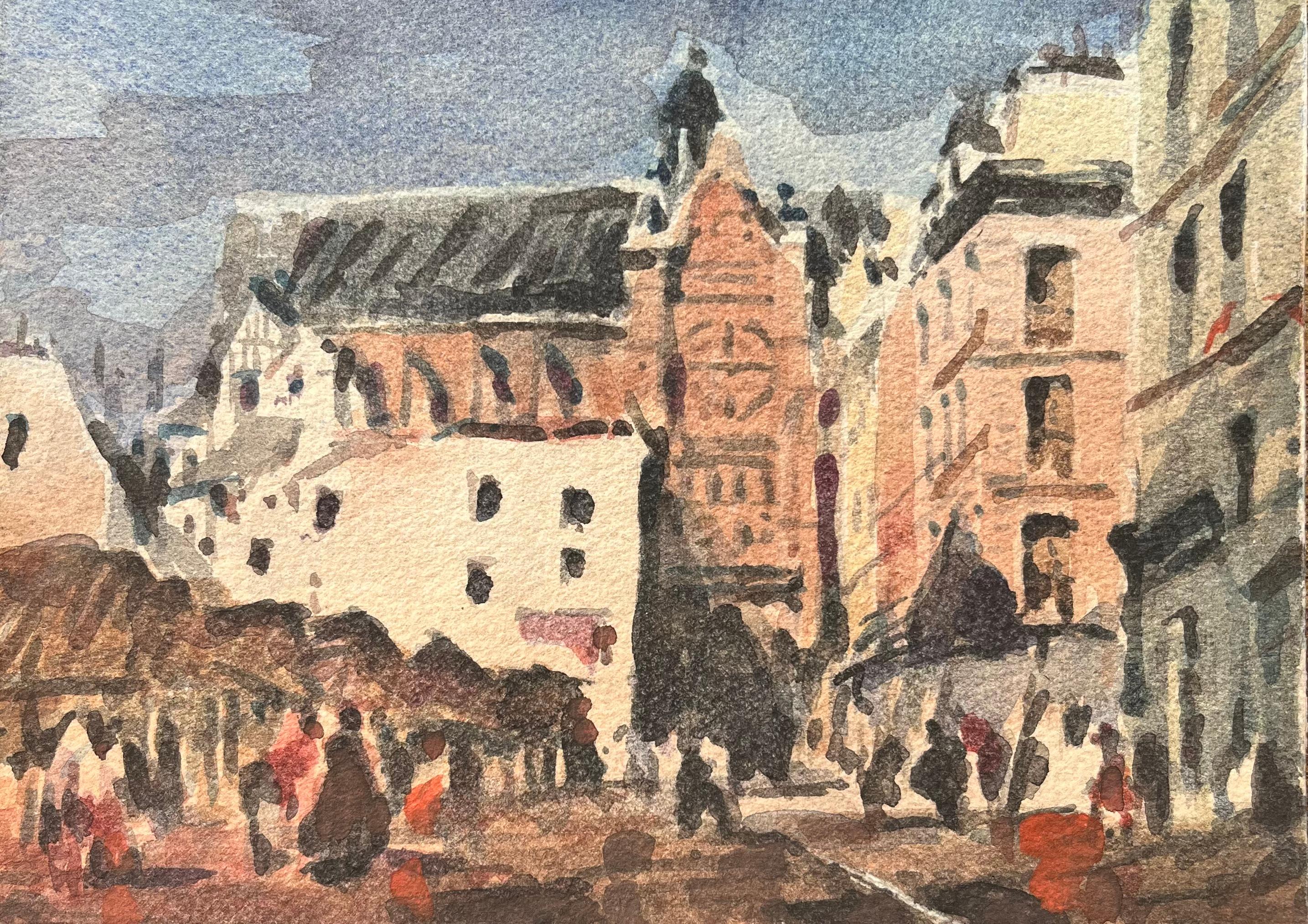 Maurice Mazeilie Landscape Art - French Impressionist Watercolor of a Bustling Market Square with Gothic Church