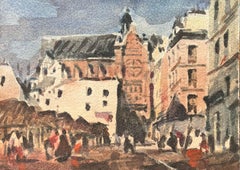 Aquarelle impressionniste française d'une place de marché animée avec une église gothique