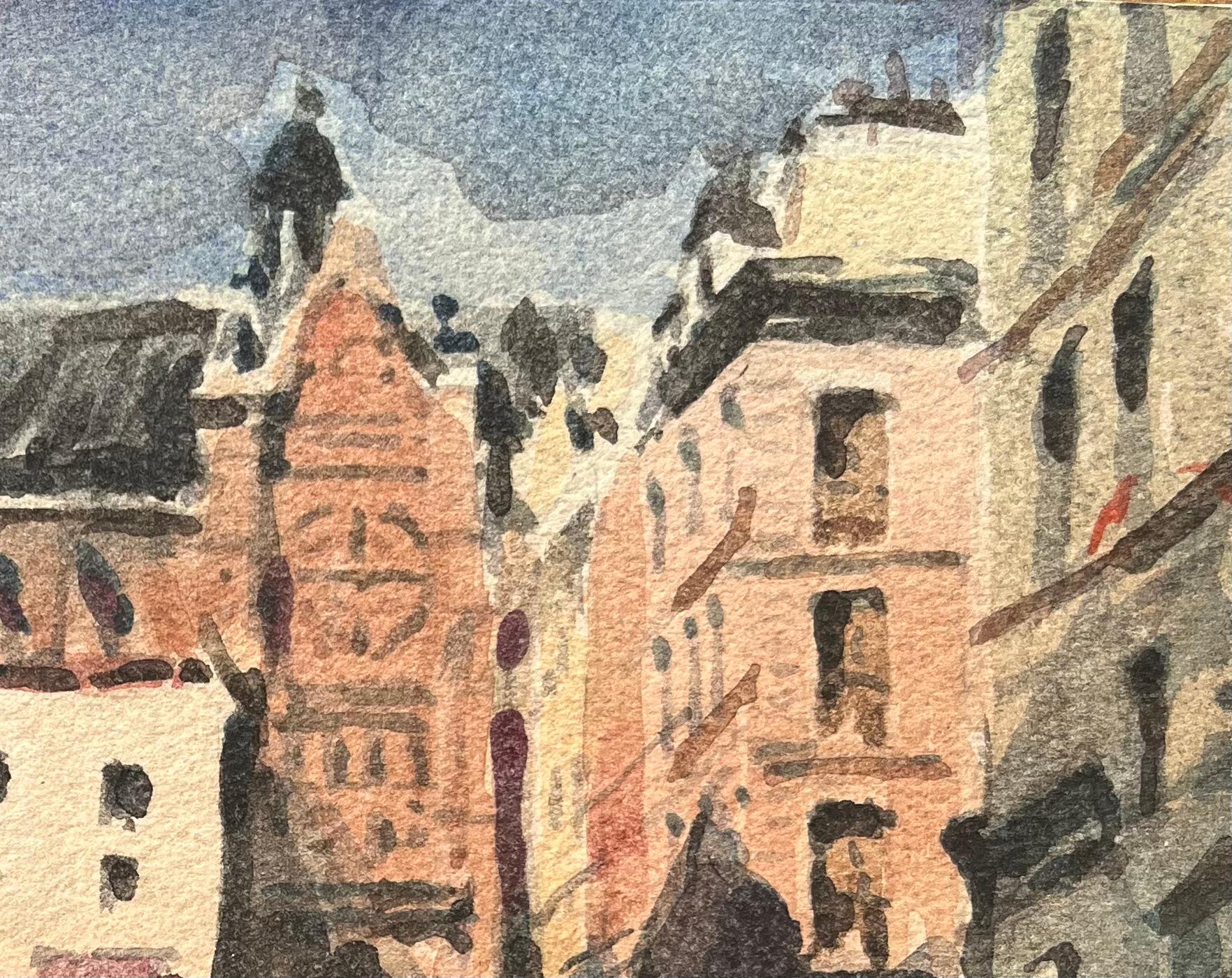 French Impressionist Watercolor of a Bustling Market Square with Gothic Church - Brown Landscape Art by Maurice Mazeilie