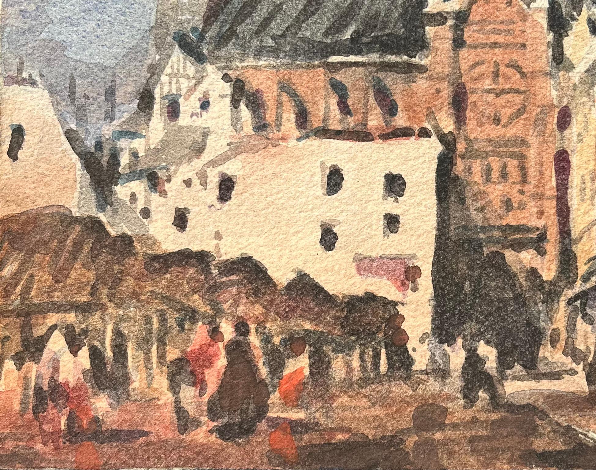 Title: French Impressionist Watercolor of a Bustling Market Square with Gothic Church
By Maurice Mazeilie (French 1924-2021)
Medium: Watercolor on paper, unframed
Size: 5.5 x 7.5 inches (Height x Width)
Stamped: Verso
Condition: Good, with signs of