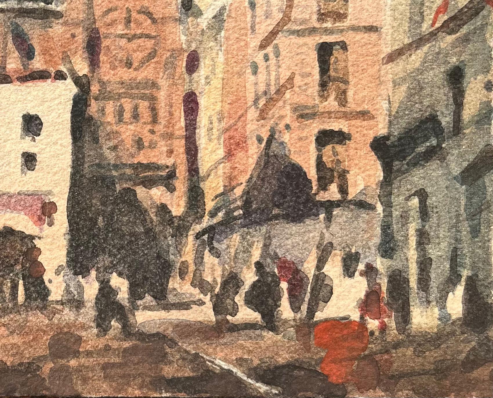 French Impressionist Watercolor of a Bustling Market Square with Gothic Church For Sale 2