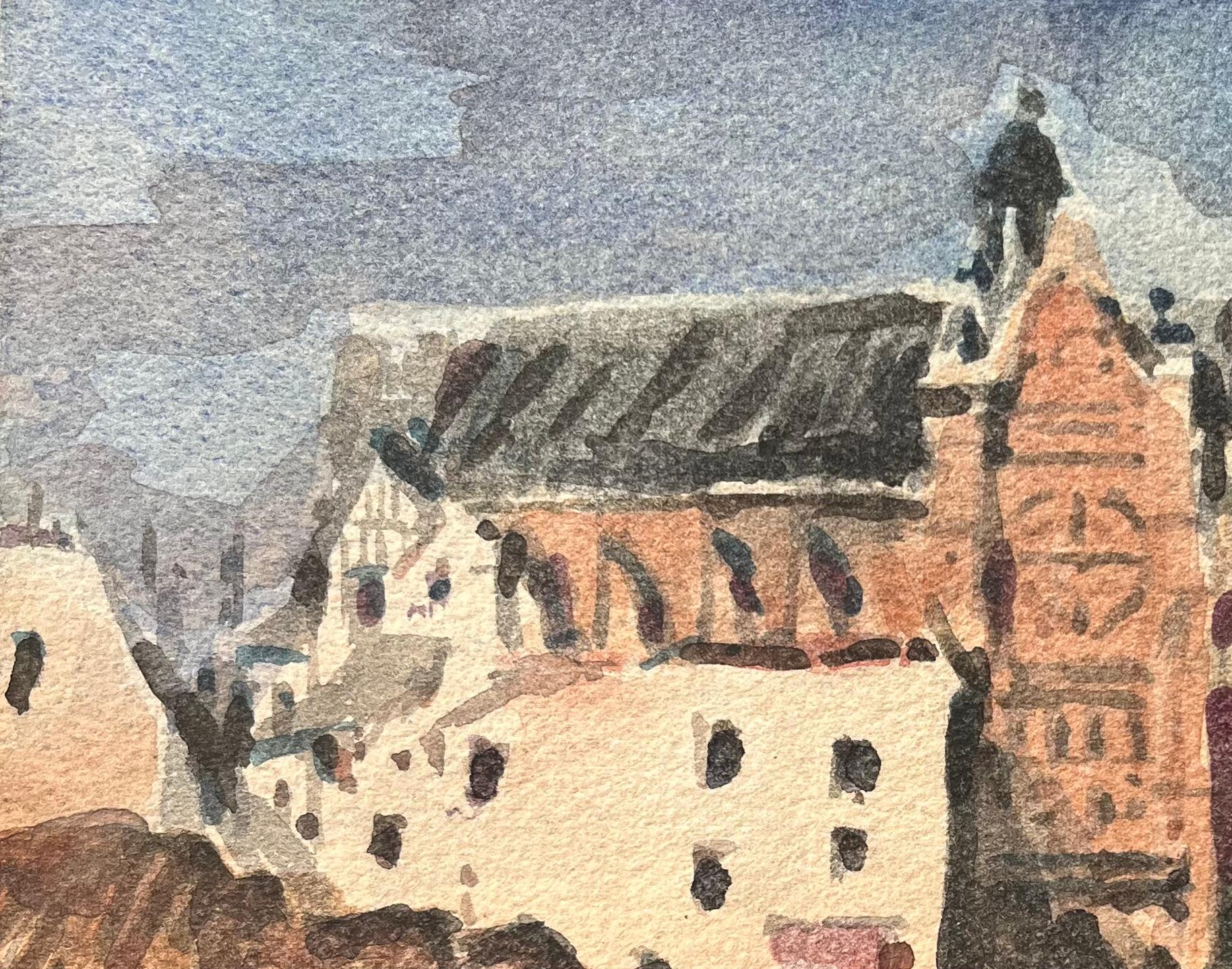 French Impressionist Watercolor of a Bustling Market Square with Gothic Church For Sale 1