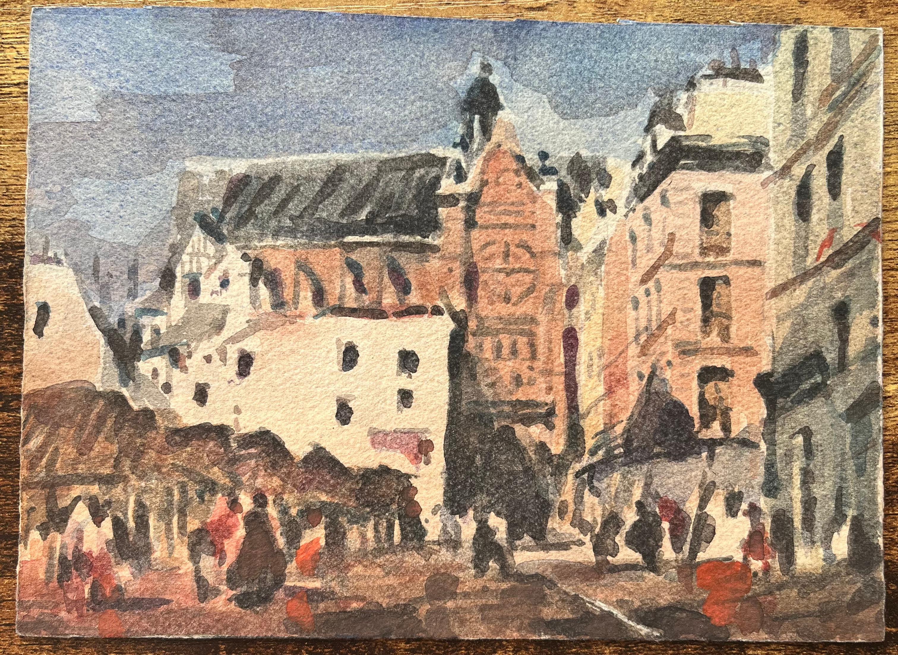 French Impressionist Watercolor of a Bustling Market Square with Gothic Church - Art by Maurice Mazeilie