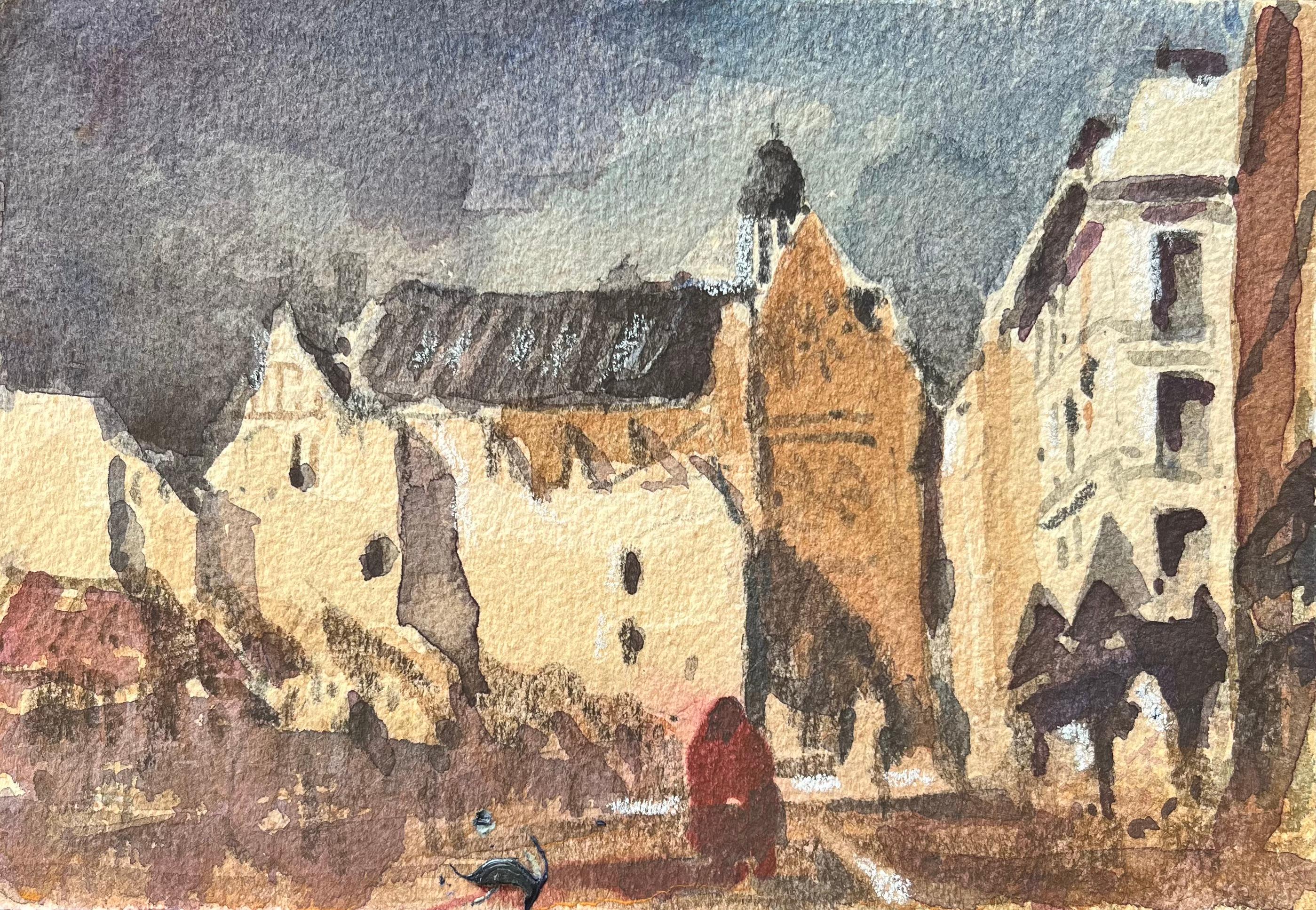 Aquarelle impressionniste française représentant une église gothique et une place de ville