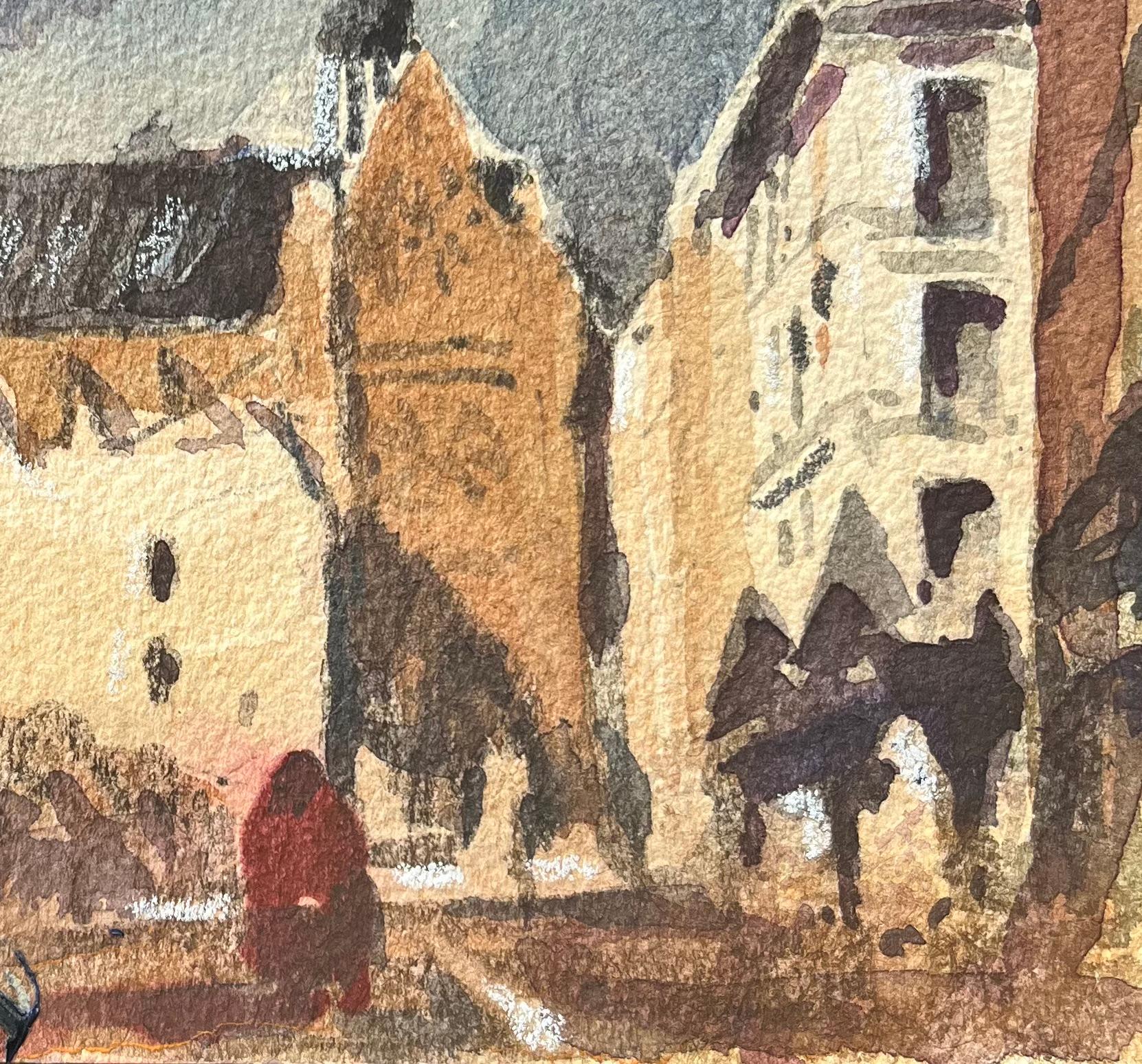 Titolo: Acquerello impressionista francese di una chiesa gotica e di una piazza cittadina
Di Maurice Mazeilie (francese 1924-2021)
Medium: Acquerello su carta, senza cornice
Dimensioni: 4,75 x 7 pollici (altezza x larghezza)
Timbrato: Verso
Condit: