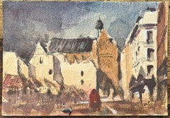 French Impressionist Watercolor of a Gothic Church and Town Square