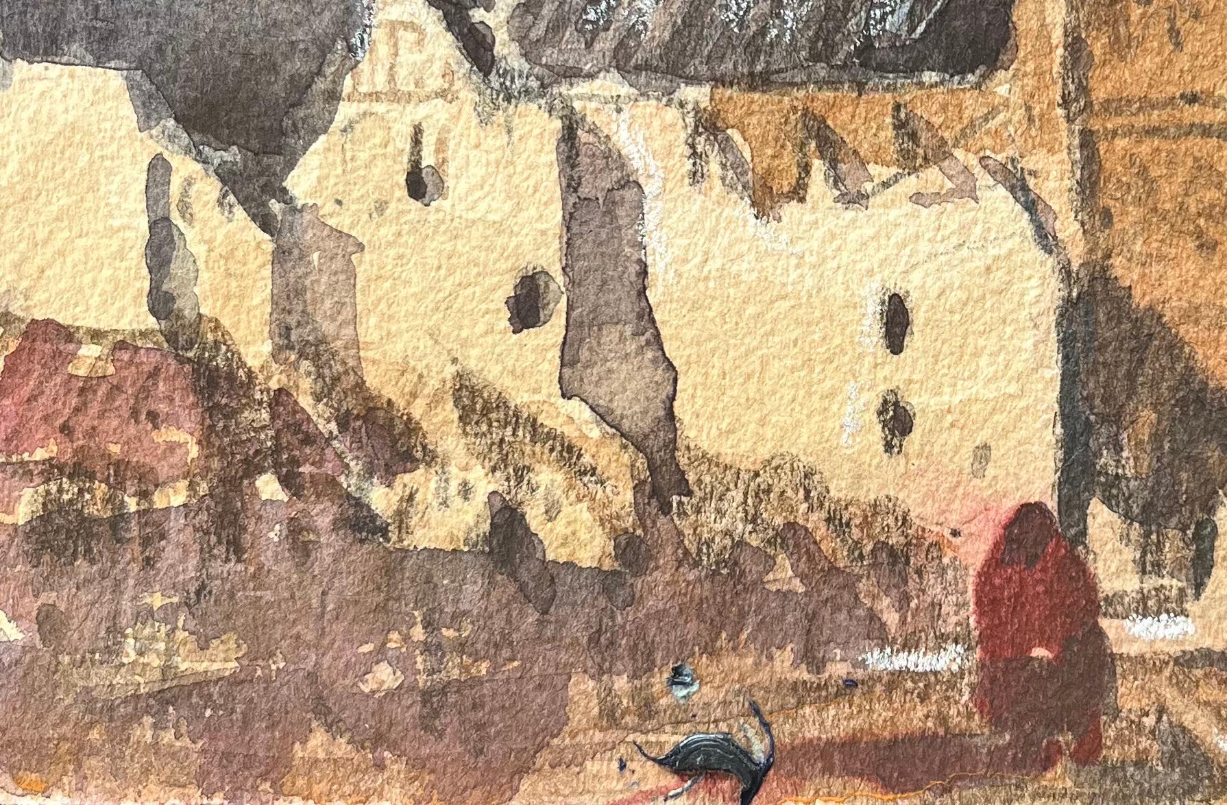 Acquerello impressionista francese di una chiesa gotica e di una piazza della città in vendita 2