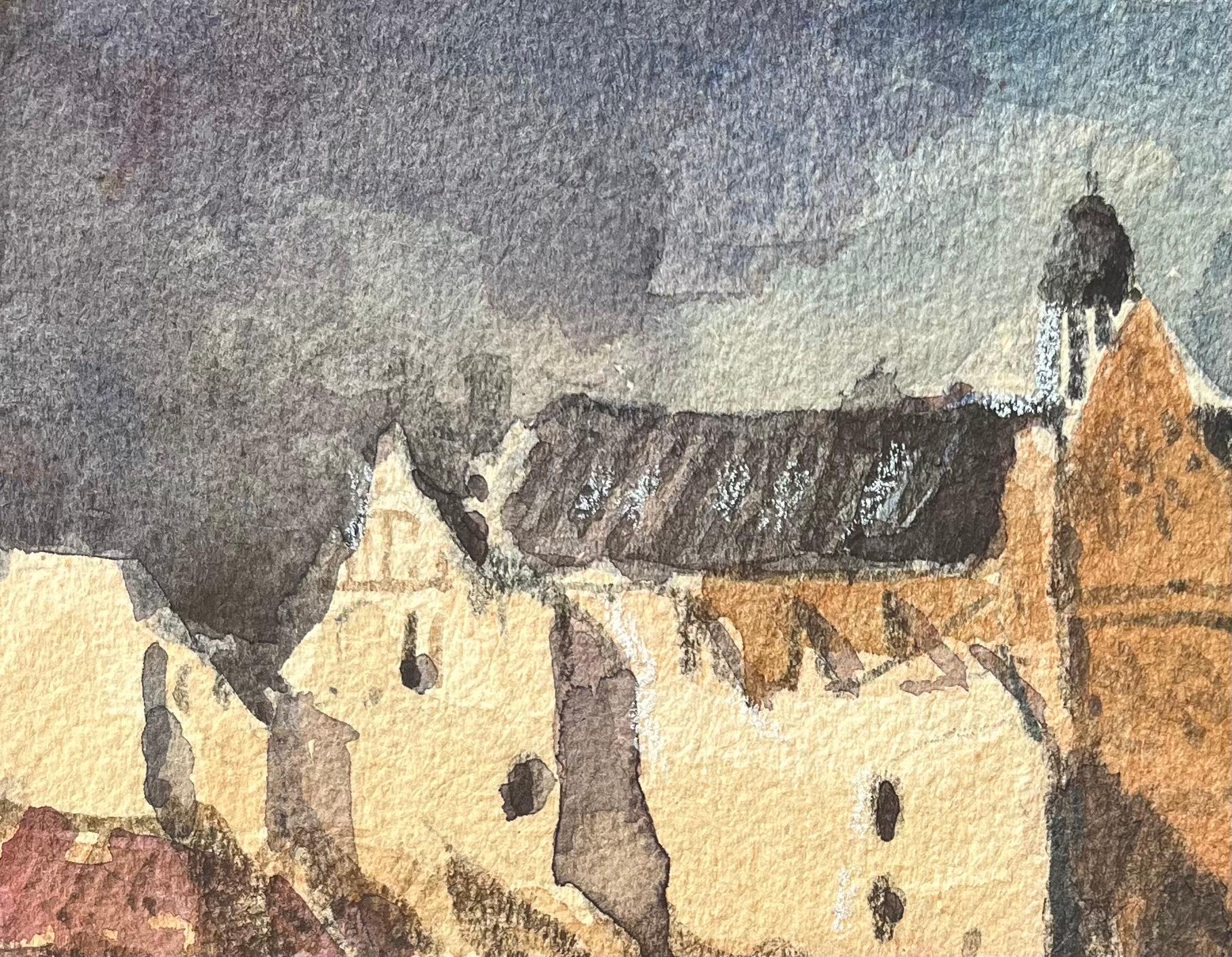 Acquerello impressionista francese di una chiesa gotica e di una piazza della città in vendita 3