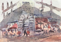 Aquarelle impressionniste française d'une scène de marché animée avec un bâtiment arqué