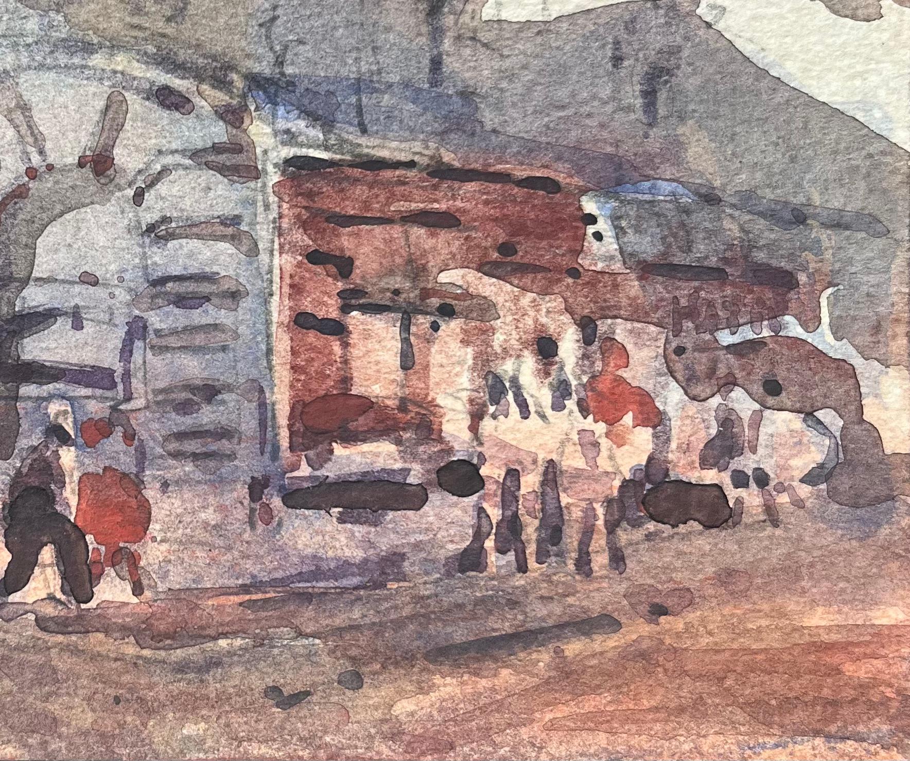 Title: French Impressionist Watercolor of a Busy Market Scene with Arched Building
By Maurice Mazeilie (French 1924-2021)
Medium: Watercolor on paper, unframed
Size: 5 x 7 inches (Height x Width)
Stamped: Verso
Condition: Good, with signs of