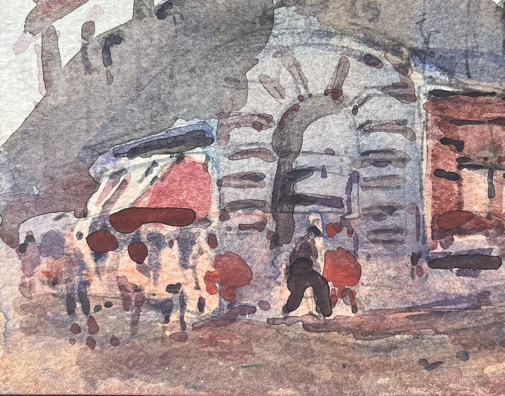 French Impressionist Watercolor of a Busy Market Scene with Arched Building For Sale 4