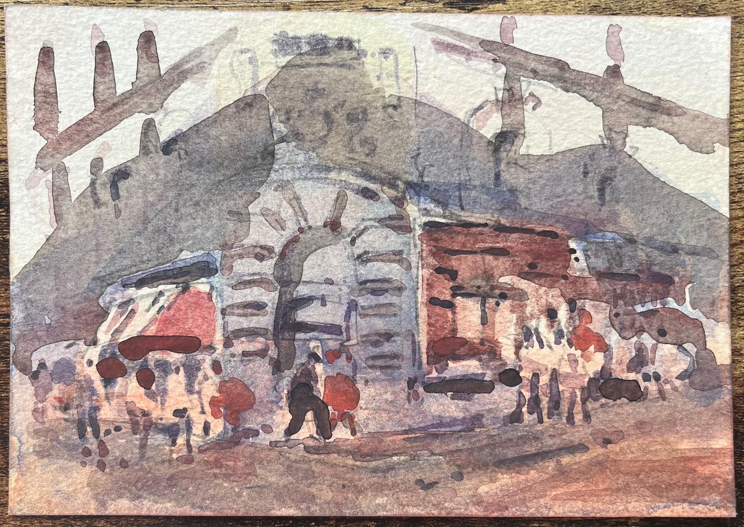 French Impressionist Watercolor of a Busy Market Scene with Arched Building For Sale 1